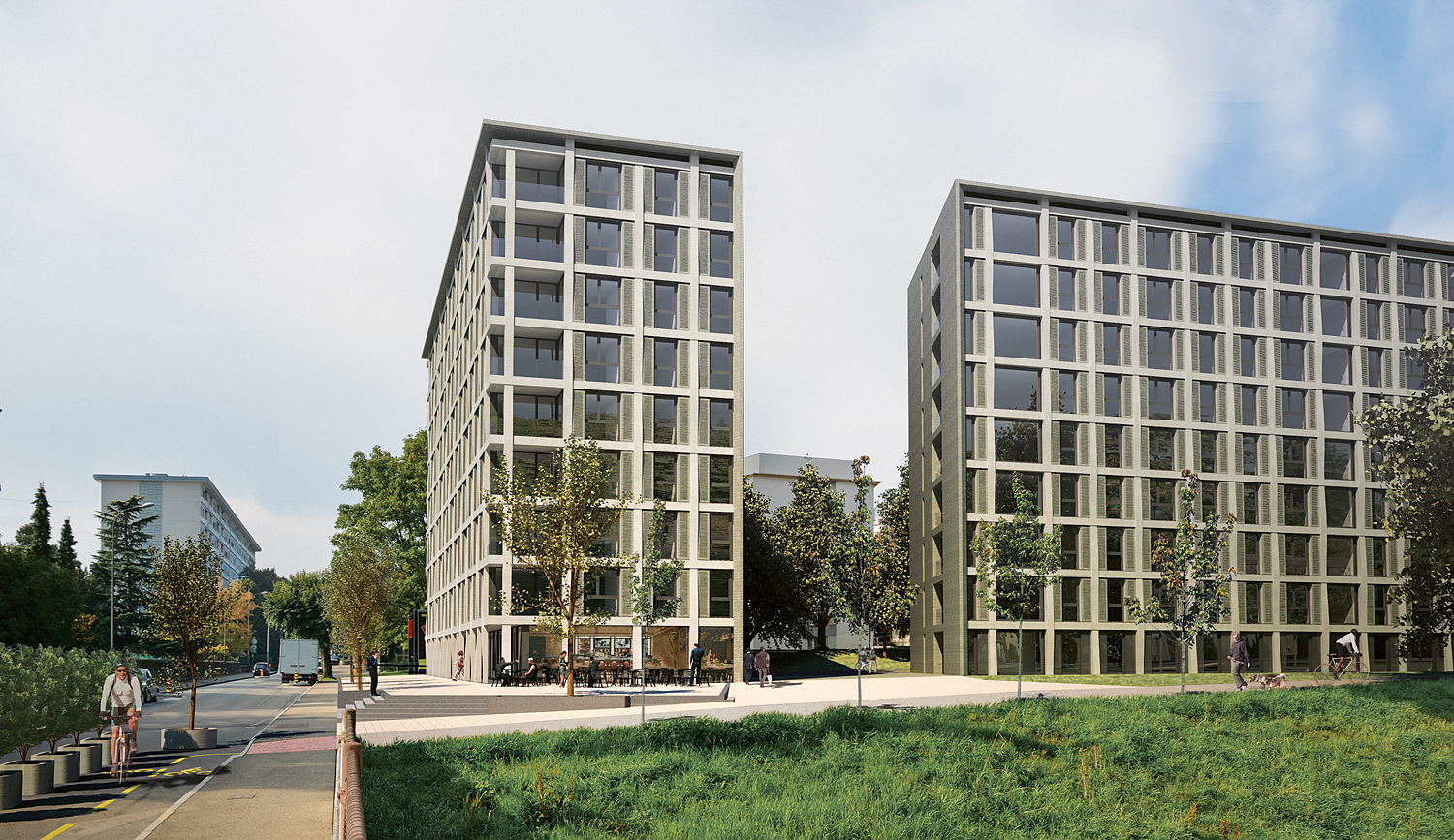 Image de concours pour les immeubles de logements, d’activités et d’un parking souterrain situés au chemin des Ouches, quartier de la Concorde, Genève, 2015