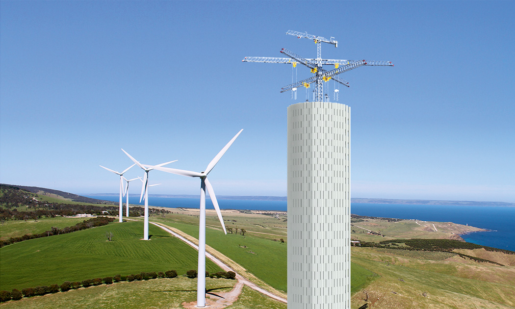 Render di inserimento della torre di accumulo Energy Vault all’interno di impianti di energie rinnovabili