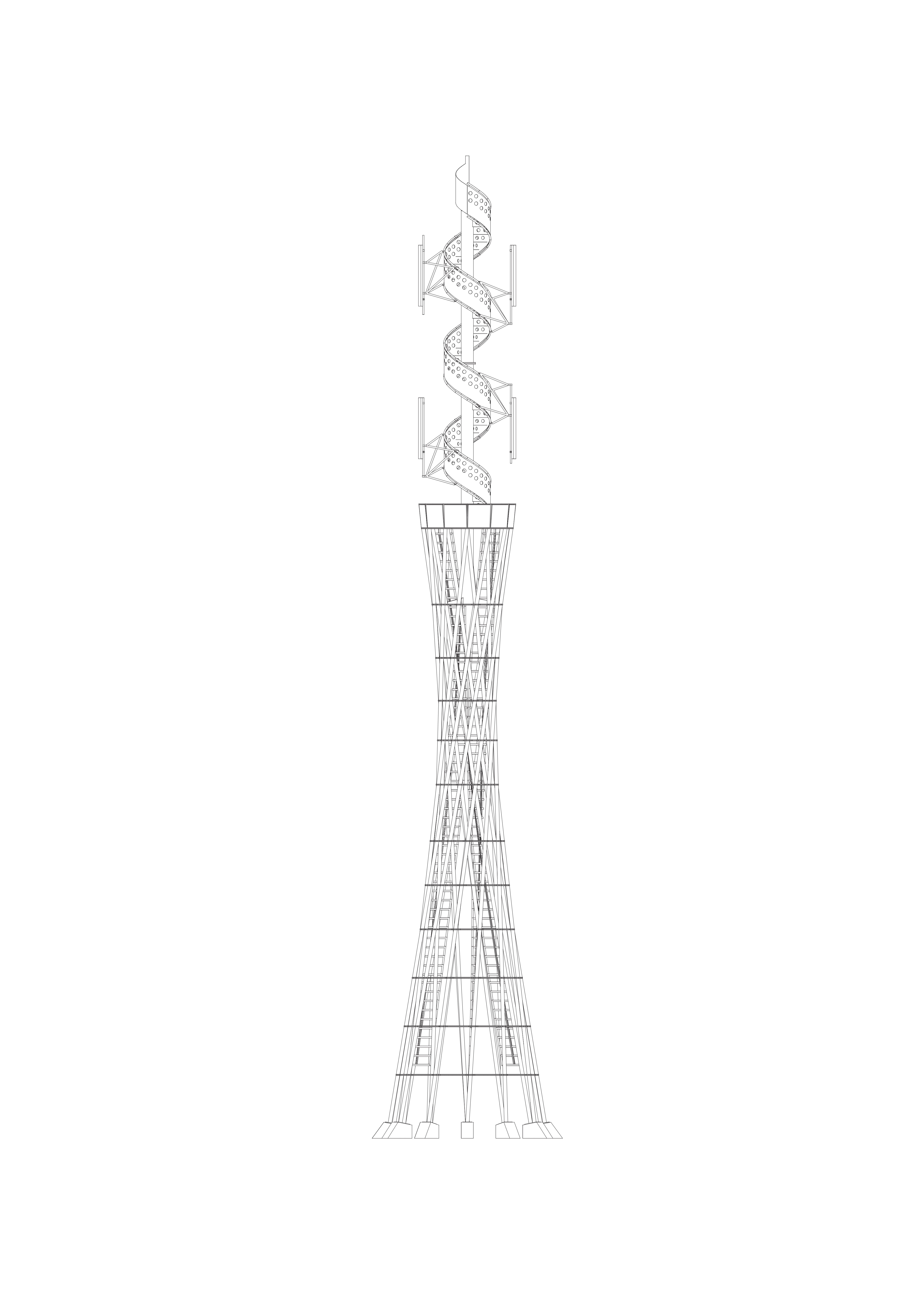 Prospetto e sezioni orizzontali dell’antenna progettata dalla SUPSI di Manno per il concorso di Ax-Nokia Schweiz, 1999