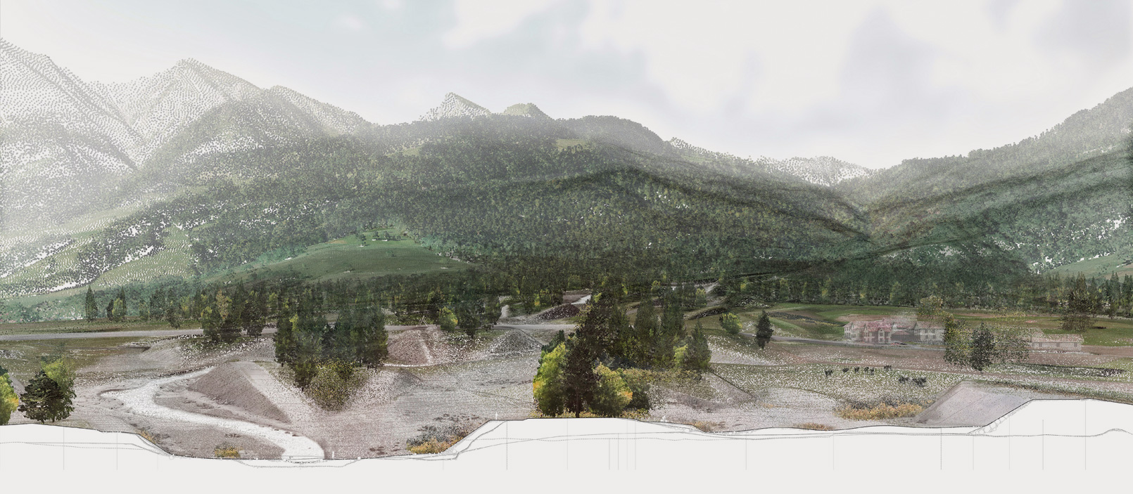 Illustrazione della proposta di paesaggio, sostituendo le dighe di controllo in calcestruzzo con un alveo fluviale dinamico e un parco paesaggistico ricreativo.