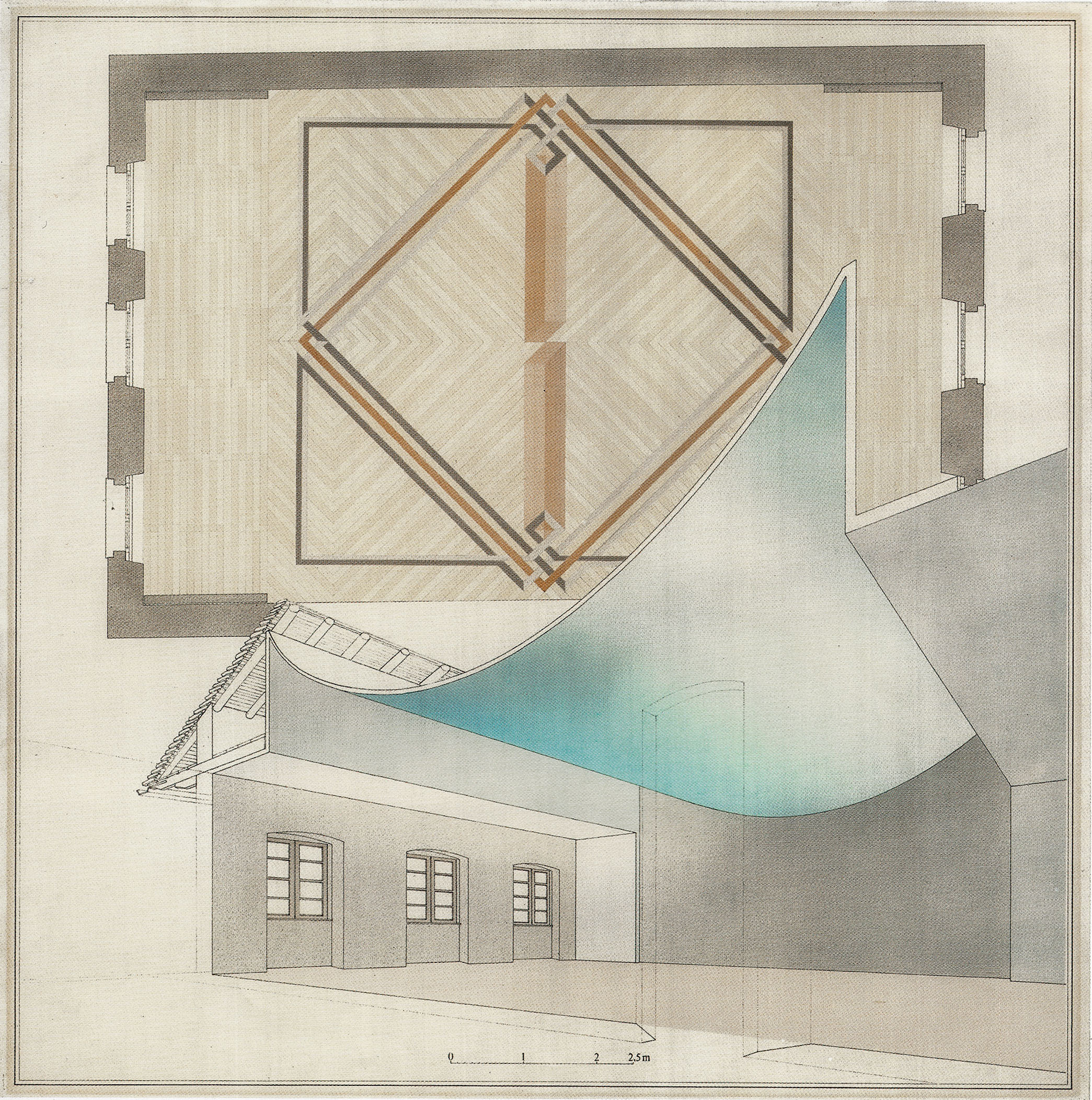 Restauration de la Casa Pellanda à Biasca (TI) (1976-1988) – Plan et perspective de la salle du deuxième étage