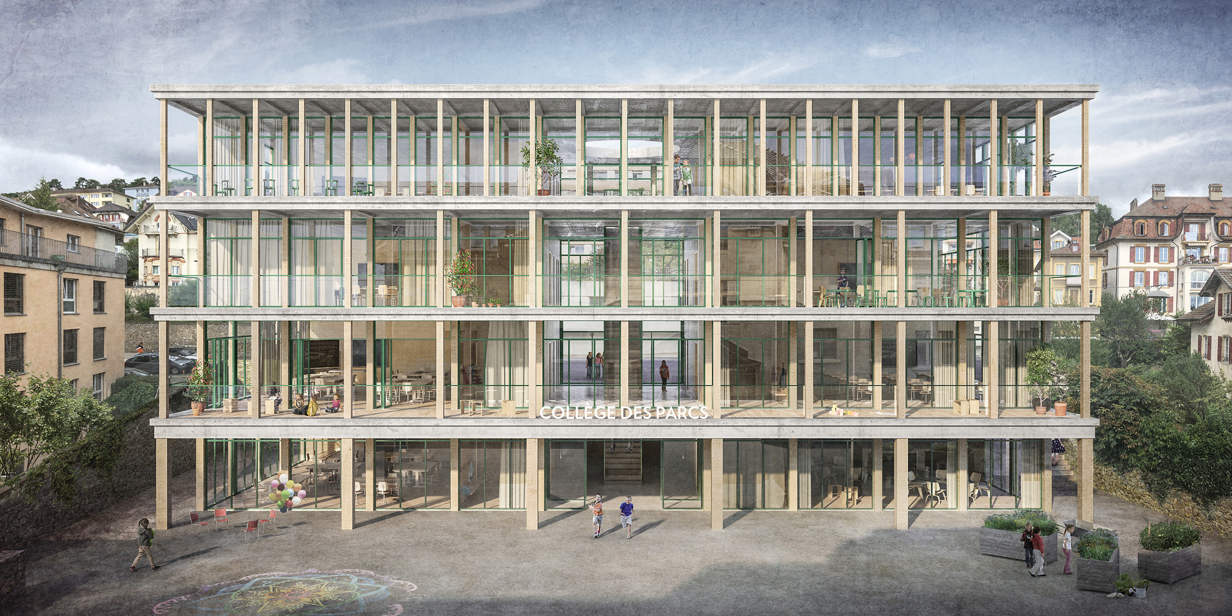 «À l’ombre des colonnades» – concours de projets d'architecture en procédure ouverte selon règlement SIA 142 pour la construction de deux salles de sport et l'extension du Collège des Parcs à Neuchâtel, 2020, Stoa architectes