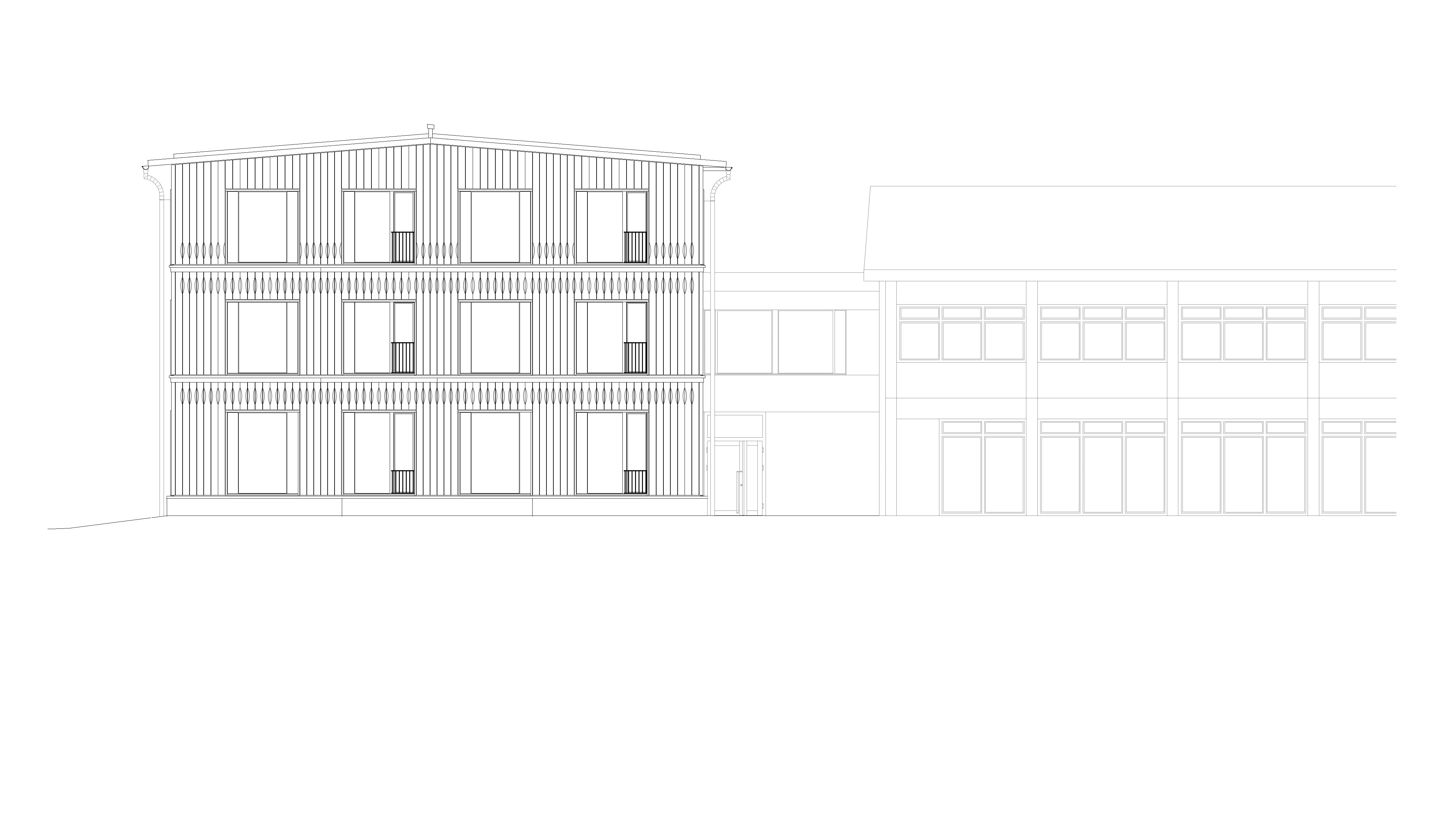 Élévation sud-est - Nouveau bâtiment (gauche) et école existante (droite)