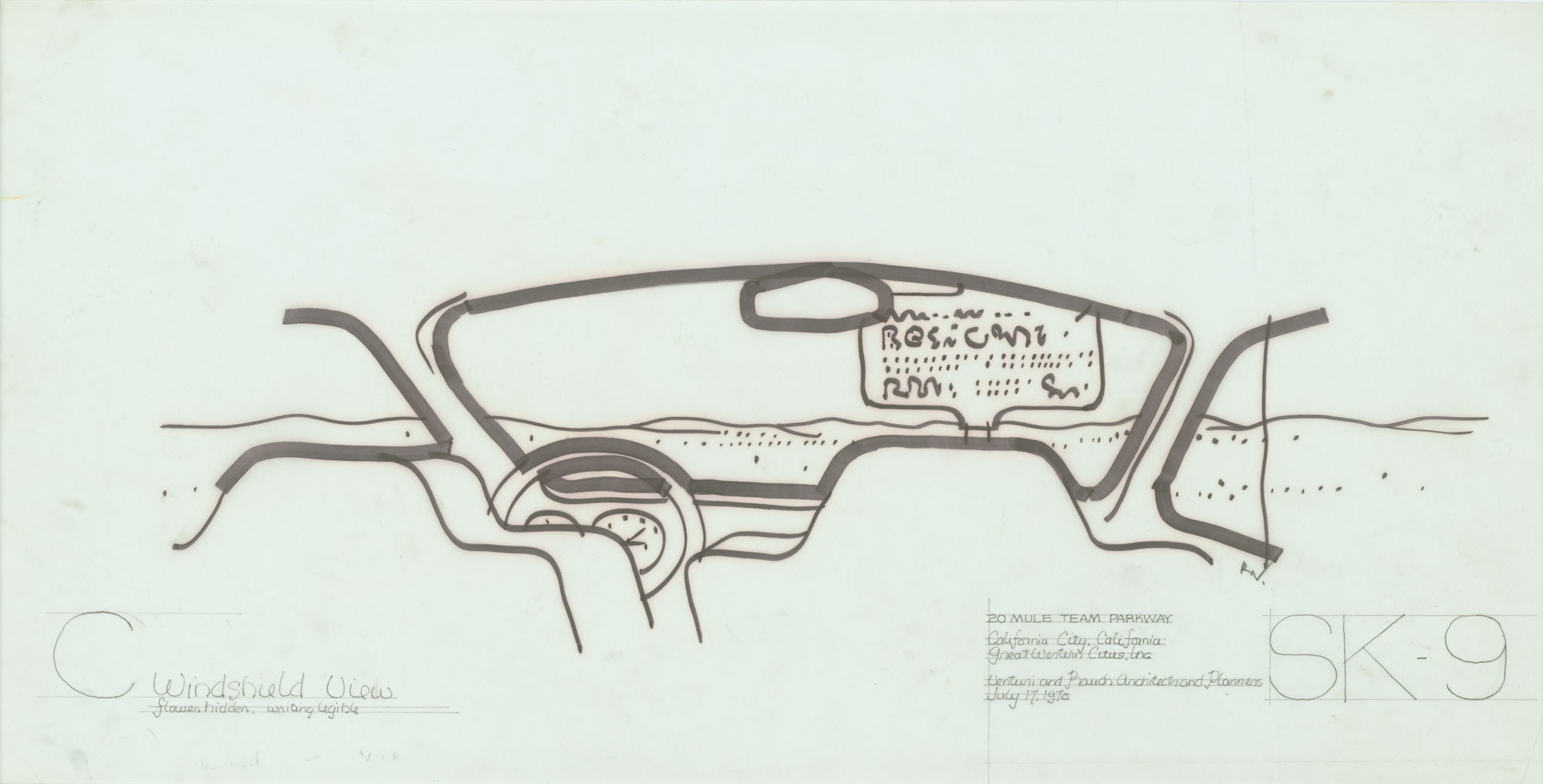 SK-9, 20 Mule Team Parkway, disegno della visione dal parabrezza di Robert Venturi, 17 luglio 1970, pennarello su carta