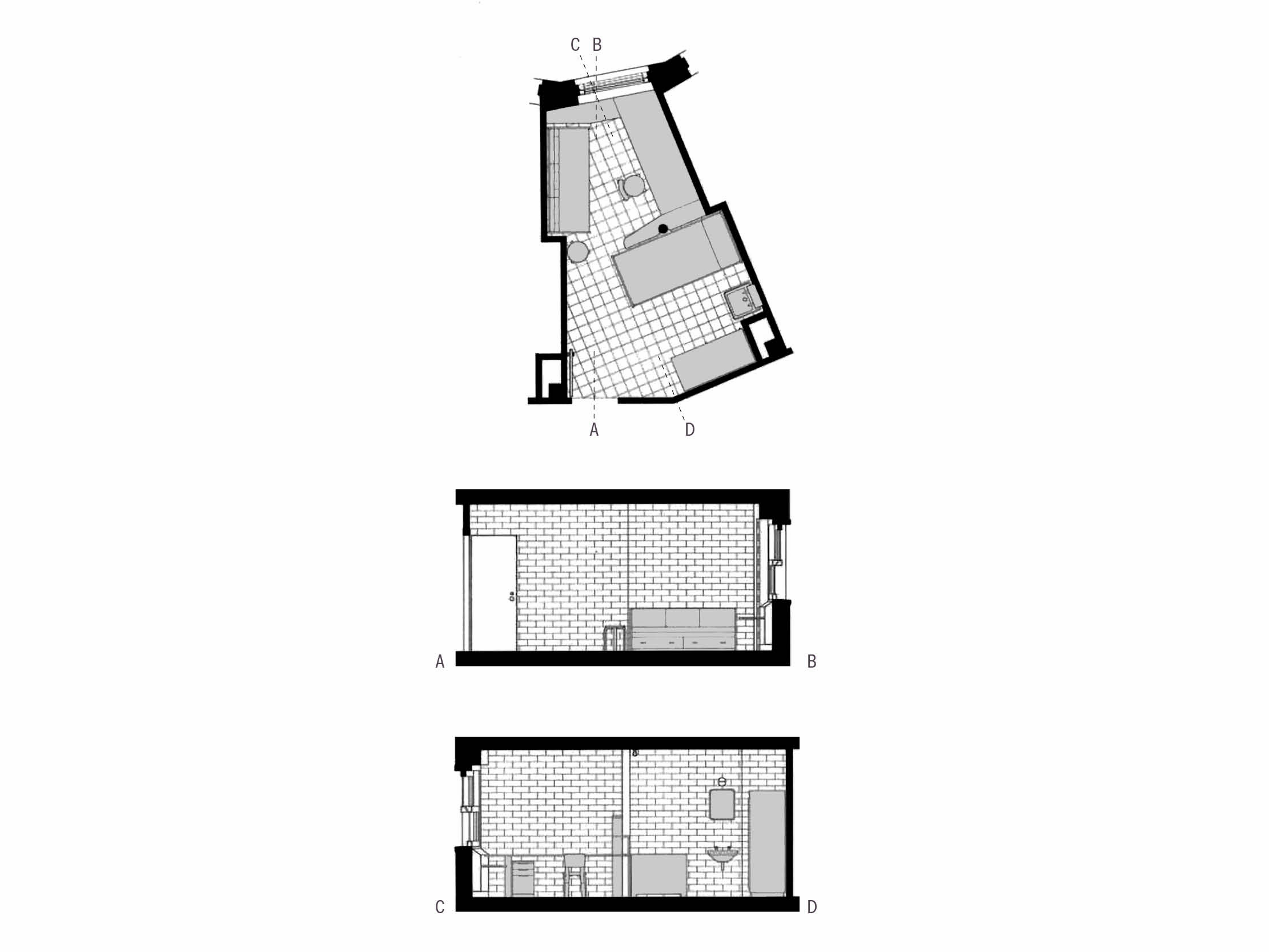Plan et sections d'une pièce de la Baker House, Alvar Aalto, Cambridge (MA) 1949