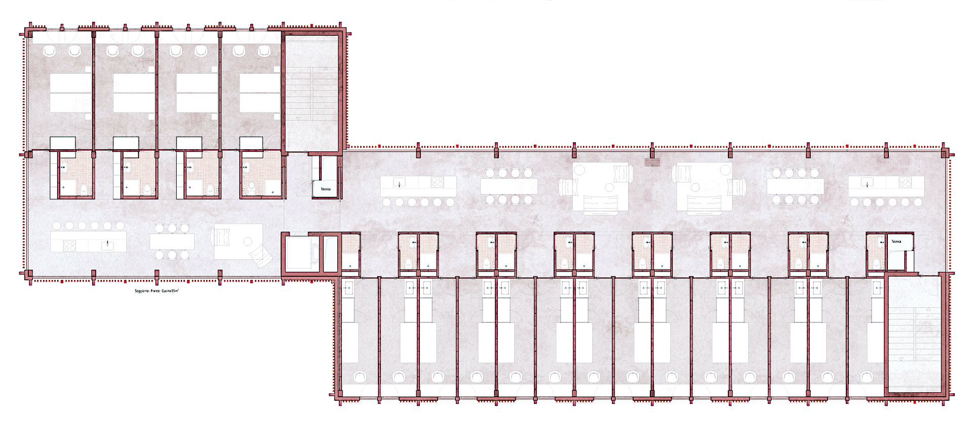 Détail du plan du projet lauréat du concours pour le réaménagement de l'ex-Macello, Durisch + Nolli, Lugano. Concours 2020