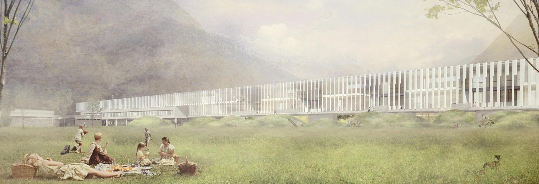 Comunità di lavoro di architetti Edy Quaglia PeR architetti, progetto per il comparto scolastico di Castione, 2016, 1° premio