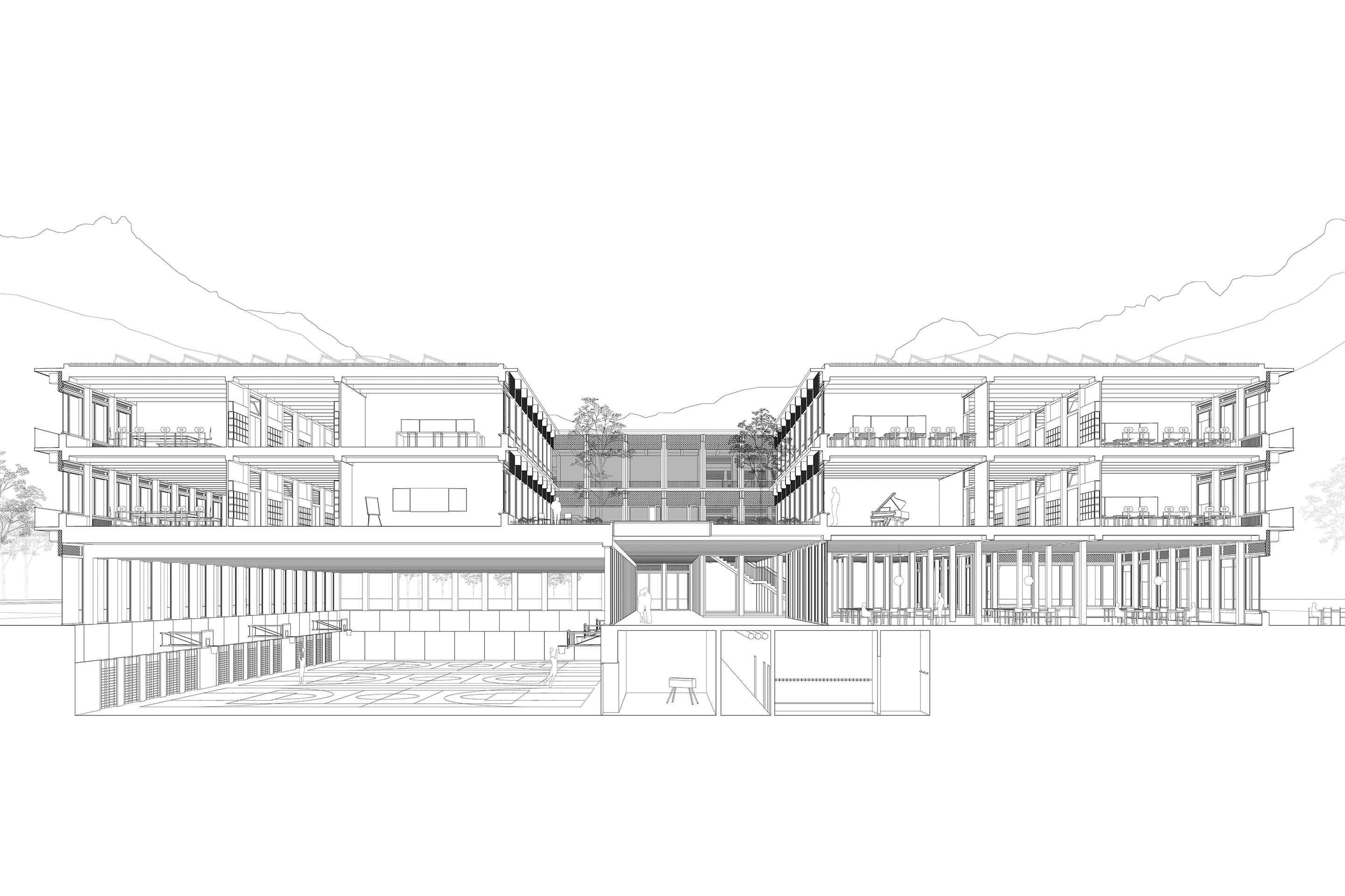 «Rose des vents». Vue et coupe perspective du lauréat du concours pour le gymnase du Chablais