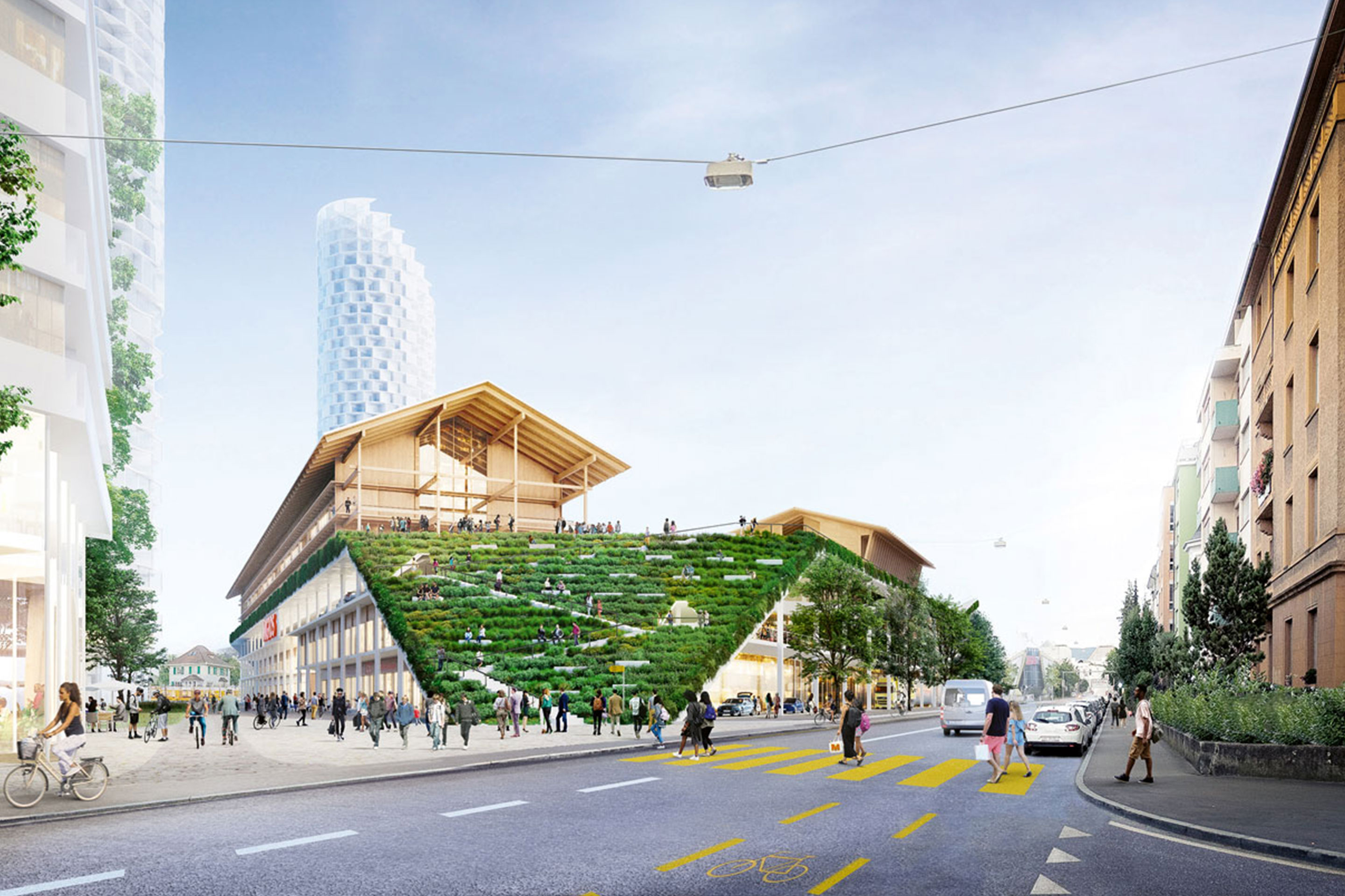 Herzog &amp; de Meuron, centro commerciale sormontato da una scuola, quartiere Dreispitz a Basilea, Svizzera, 2017 – in corso di elaborazione