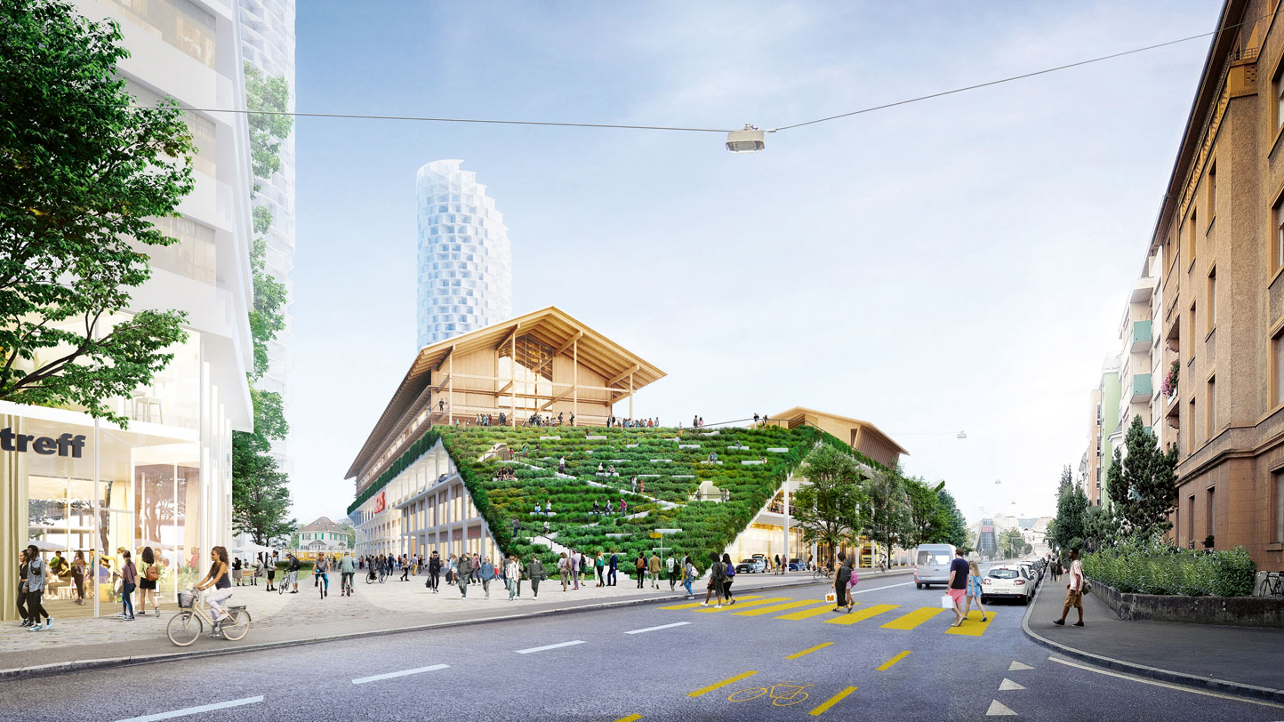 Herzog &amp; de Meuron, centro commerciale sormontato da una scuola, quartiere Dreispitz a Basilea, Svizzera, 2017 – in corso di elaborazione
