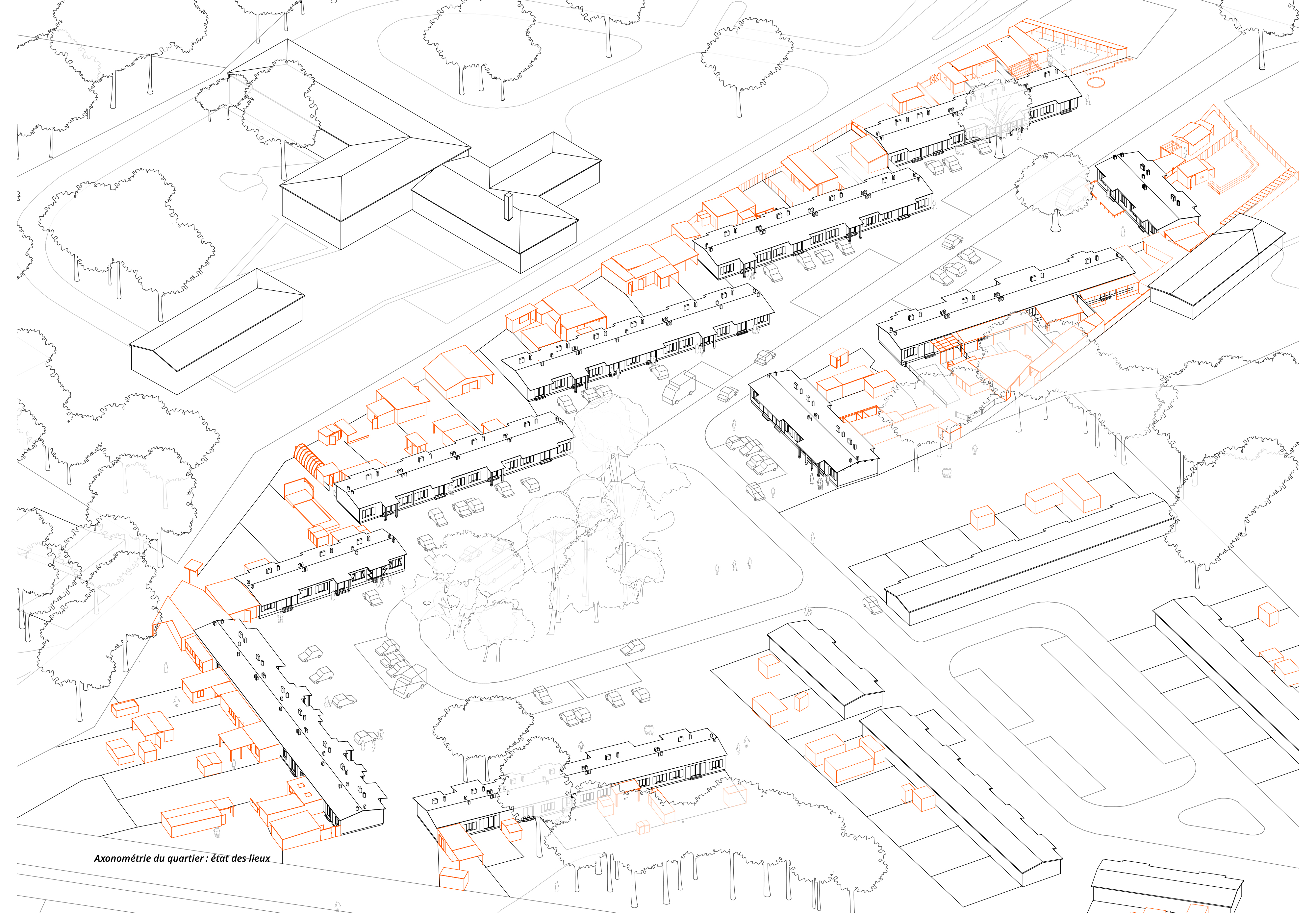 À Mérignac-Beutre, l’agence Christophe Hutin Architecture procède à un «diagnostic social et technique», en s’appuyant sur des relevés, des variantes et des diagrammes synthétiques qui permettent d’anticiper les travaux dans la continuité des transformations déjà effectuées par les habitants.