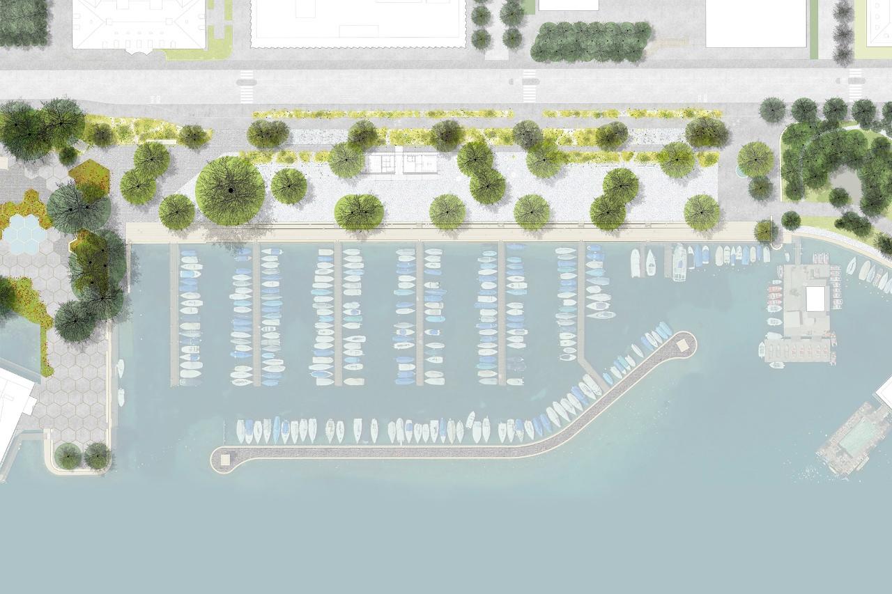 «Porto stretto» präsentiert sich so korrekt wie uninspiriert: Strasse, Geh- und Veloweg, Abstandsgrün und Park sind ordentlich nebeneinander aufgereiht. Eine Idee, die das wirkliche Problem der Orts löst – die Verkehrsschneise des Mythenquai –, fehlt.
