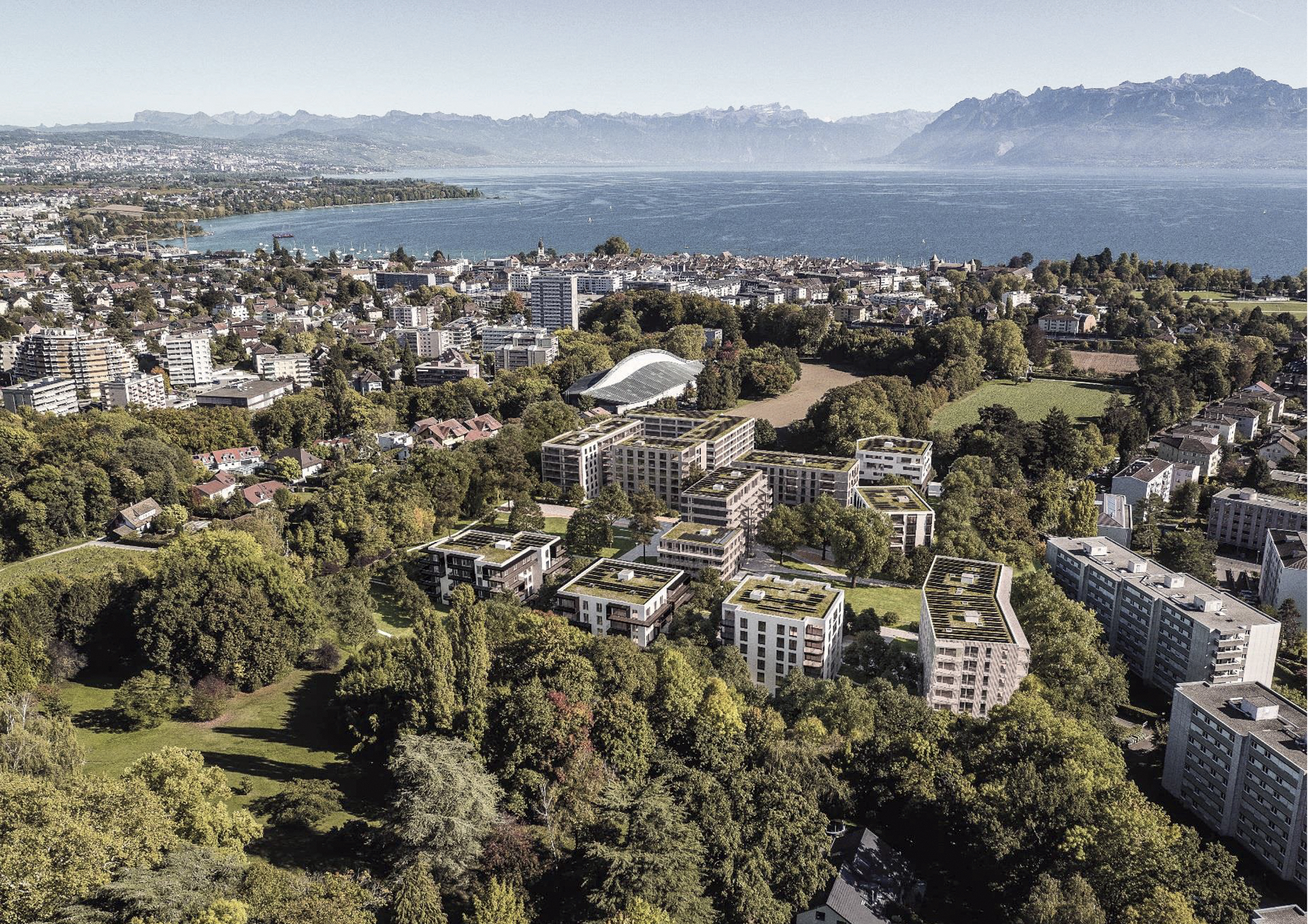 Quartier Églantine, Morges, 2019. Le projet d’aménagement des espaces extérieurs s’inscrit dans une réflexion portant sur l’évolution paysagère qui accompagnera le développement urbanistique de la région de Morges à l’horizon 2030. La proposition part des espaces que la population souhaite laisser non bâtis.
