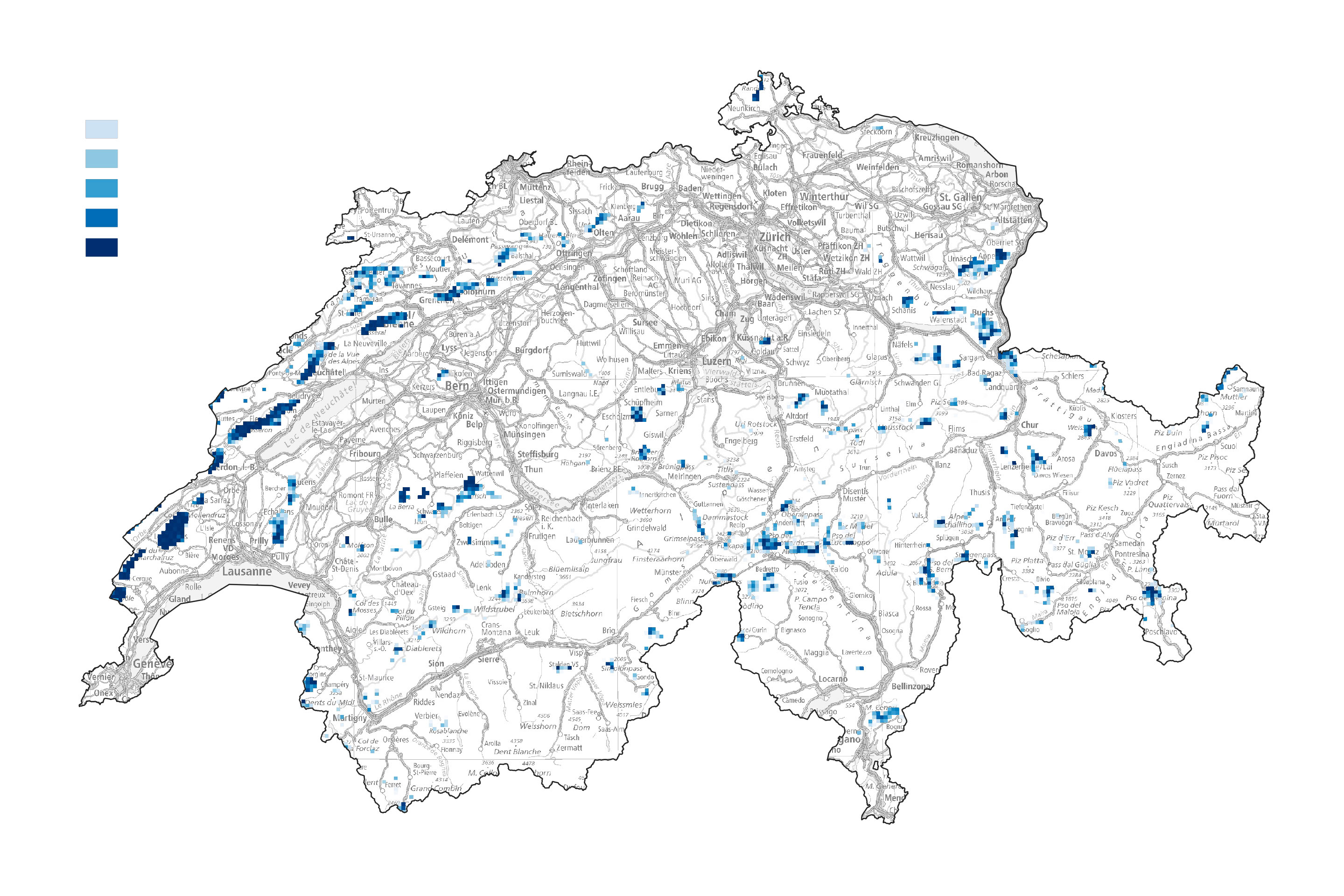 Nombre d’éoliennes par pixel (1,1 km × 1,1 km) - Localisation et densité d’éoliennes selon le scénario idéal produit par les chercheurs de l’EPFL et du WSL en tenant compte des limites de capacité du réseau de transmission helvétique.