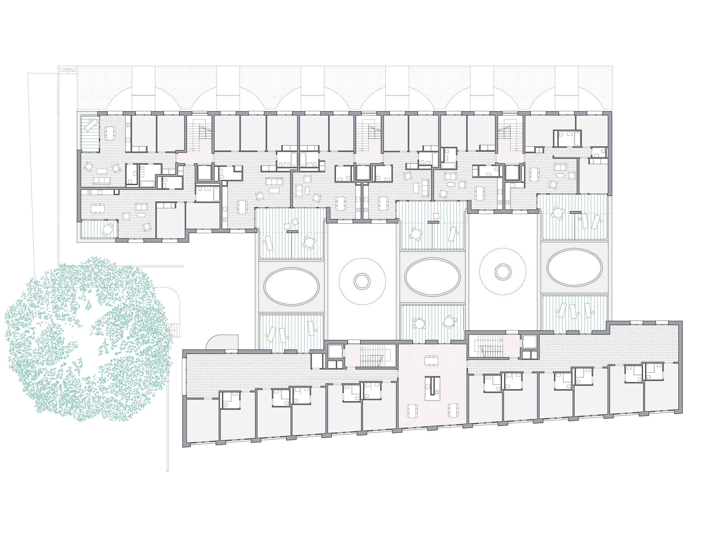 Plan de l’étage type du projet. En haut, le bâtiment de logements sociaux, en bas, les appartements pour étudiants et pour la fondation Sgipa