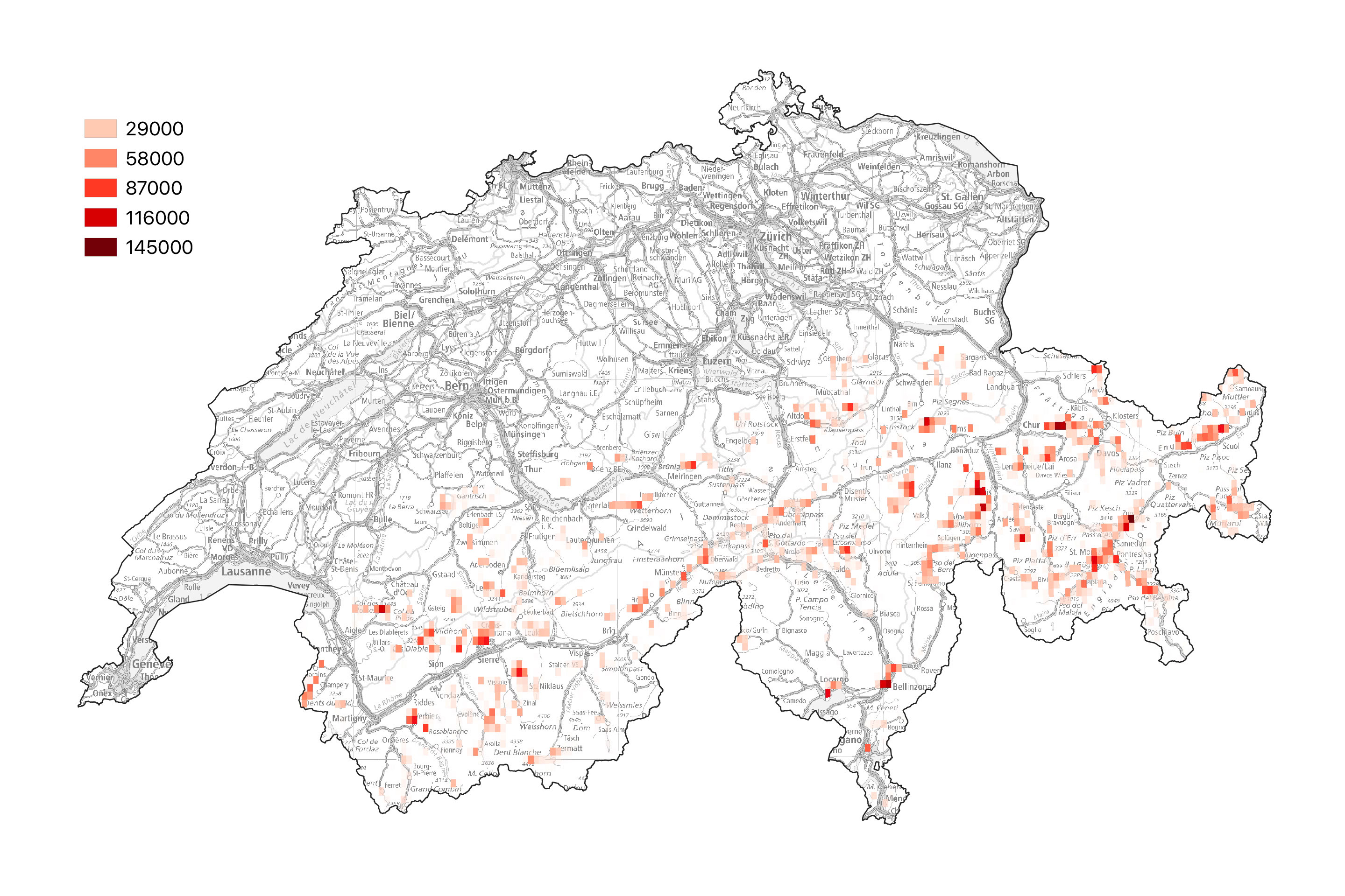 Surface (m2) d’installations photovoltaïques par pixel (1,6 km × 2,3 km) - Localisation et densité d’installations photovoltaïques selon le scénario idéal produit par les chercheurs de l’EPFL et du WSL en tenant compte des limites de capacité du réseau de transmission helvétique.