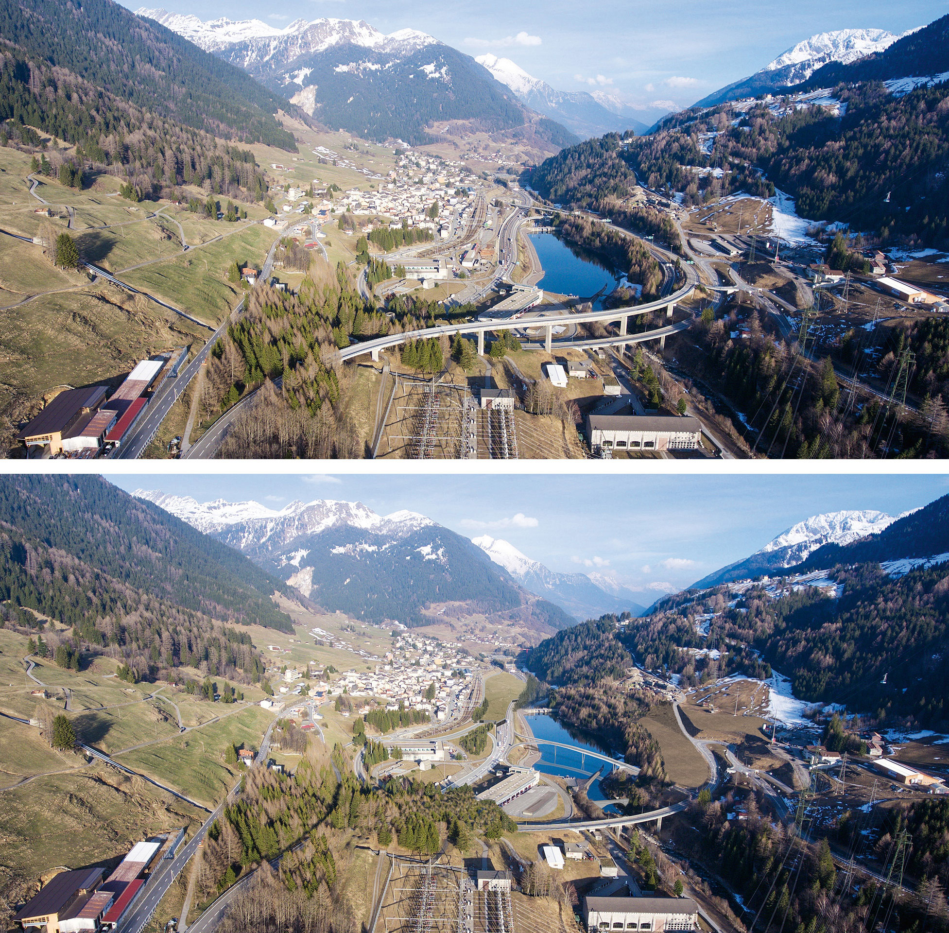 Airolo liegt am Rande einer Infrastrukturlandschaft. Durch die Überschüttung eines Autobahnabschnitts (Bildmitte hinten) mit Aushubmaterial aus dem Gotthardtunnel und die Vereinfachung des Anschlusses an die Passstrasse  (Abriss des S-förmigen Viadukts) soll der Ort zukünftig von mehr Natur profitieren, wenn auch aus zweiter Hand.
