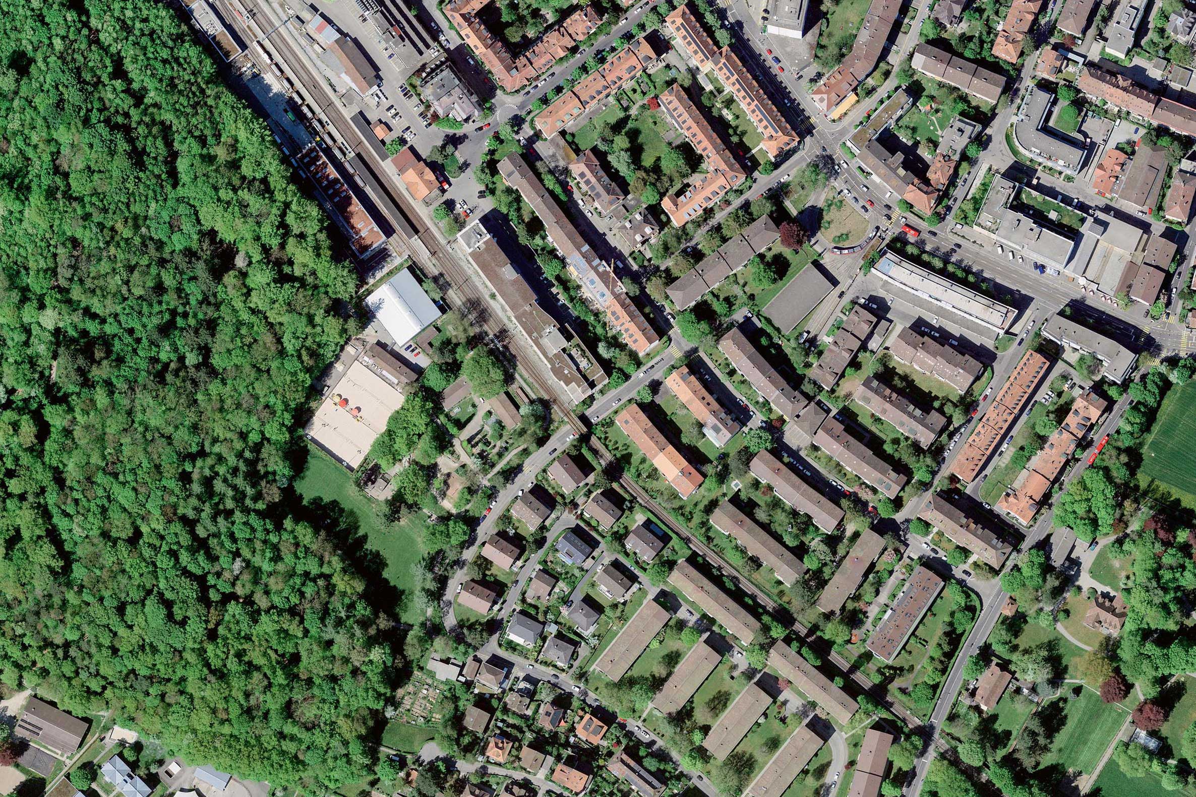 Luftbild des Areals Goumoëns heute des Siegerprojekts. Auf der «Gumere-Matte» (Rasenfläche im Süden des Perimeters) sind keine baulichen Massnahmen zugelassen, aber schulische Freiraumnutzungen möglich.