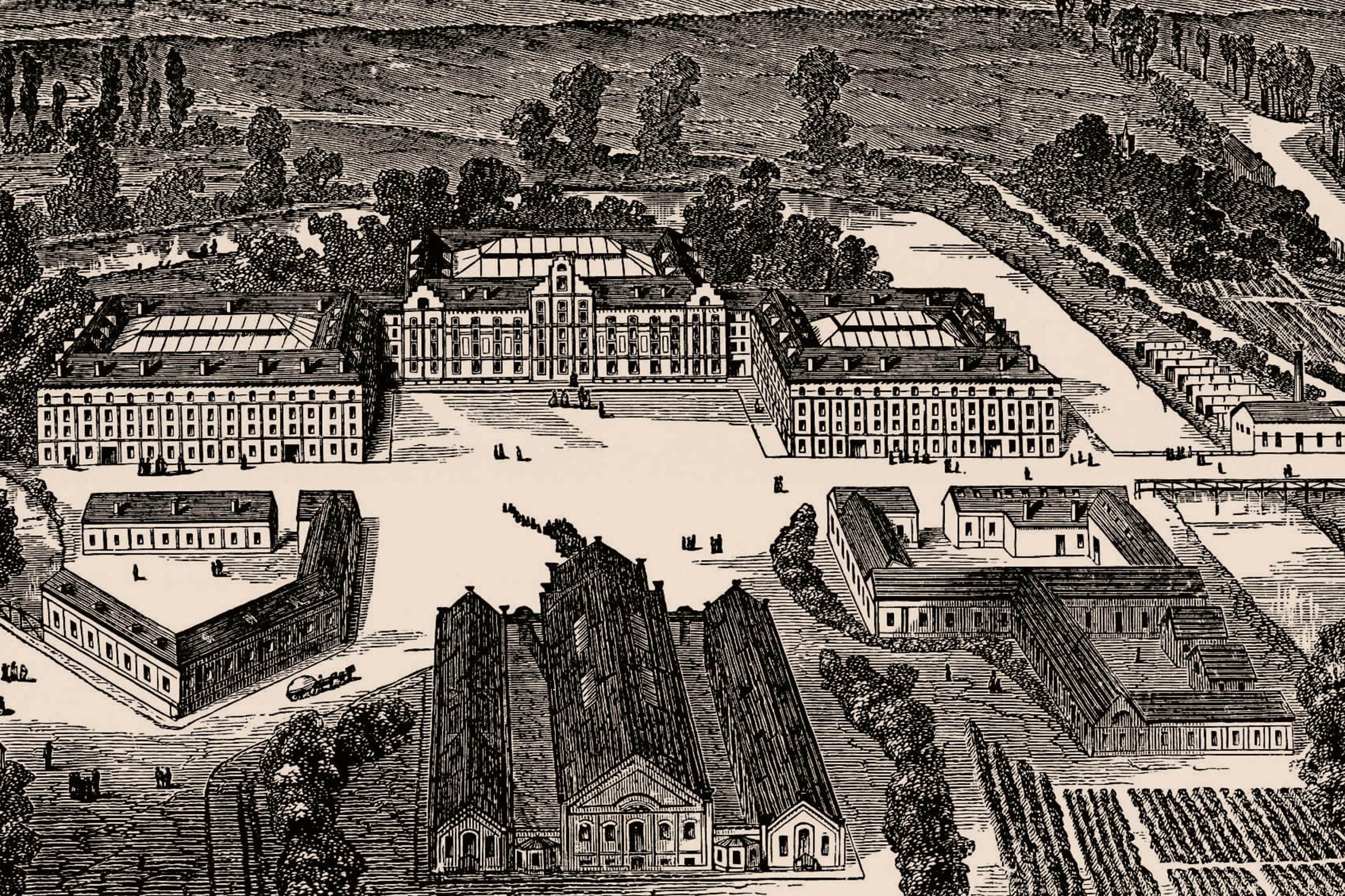 Vue du Familistère construit à Guise, France, par Jean-Baptiste André Godin en 1884.