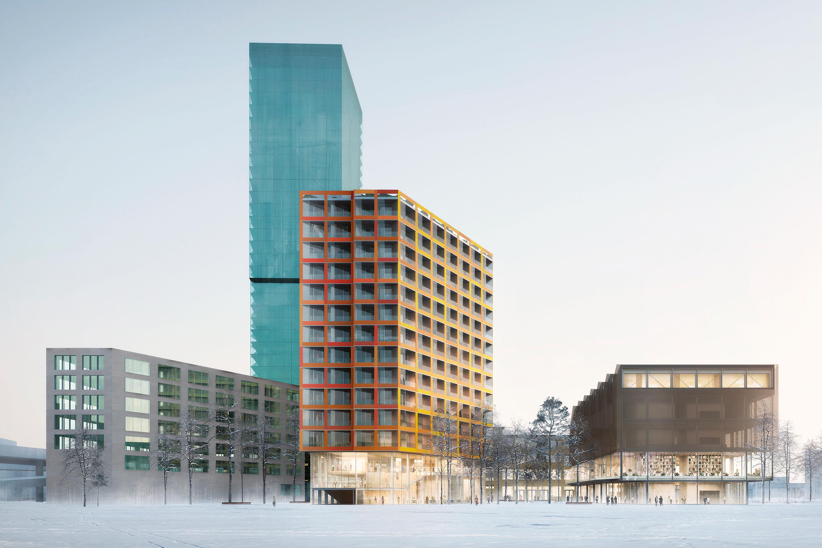 Neubauprojekt von Sauerbruch Hutton (2021), Blick nach Südwesten:  Im roten Hochhaus sind Studiowohnungen, Büros und Gewerbe vorgesehen,  das Kulturhaus auf der anderen Seite des Platzes soll diverse Formate  für Ausstellungen, Veranstaltungen und Gastronomie anbieten. Links im  Hintergrund der Prime Tower von Gigon/Guyer Architekten.
