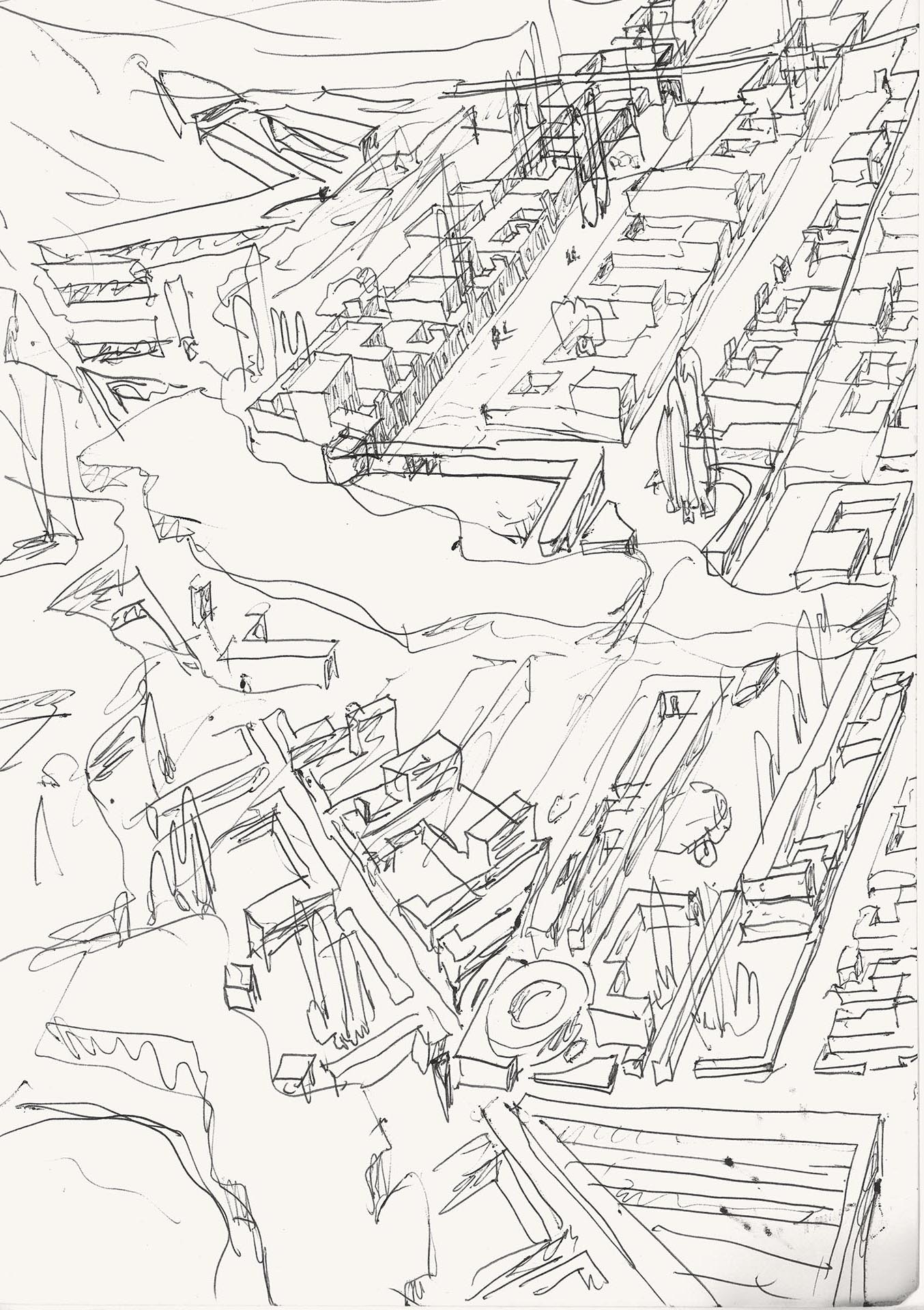 P. 39 : trois jours après le début des dessins du cahier, Siza imagine déjà le nouveau quartier vieillissant, avec la typologie évolutive des maisons à patio qui s’étendent pour accueillir dans les grands espaces publics les familles grandissantes et les arbres en pleine maturité. DMC2503.39.