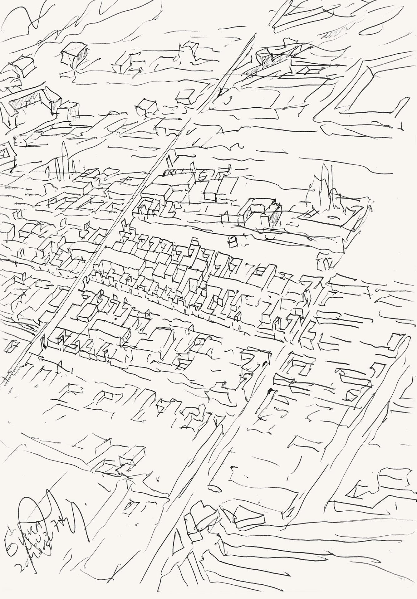 P. 35 : vue aérienne des quartiers de maisons à patio suivant la métrique et l’échelle des quartiers clandestins (en bas à droite). DMC2503.35.