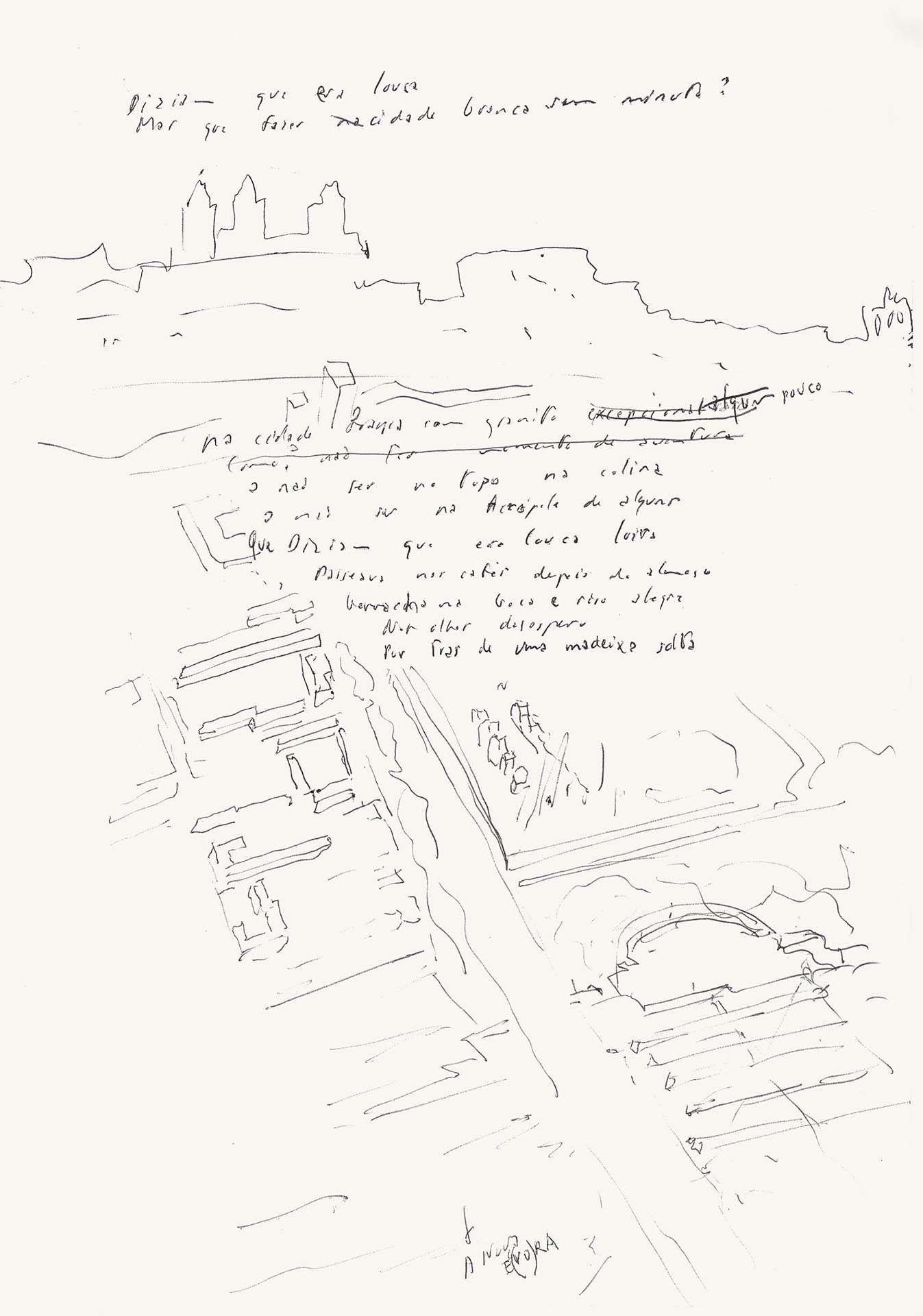 P. 24 : la conception de la nouvelle E(vo)ra se développe sous l’influence du profil de l’« Acropole » de la « ville blanche » (en faisant référence aux termes de Siza dans les notes écrites de cette page). DMC2503.24.