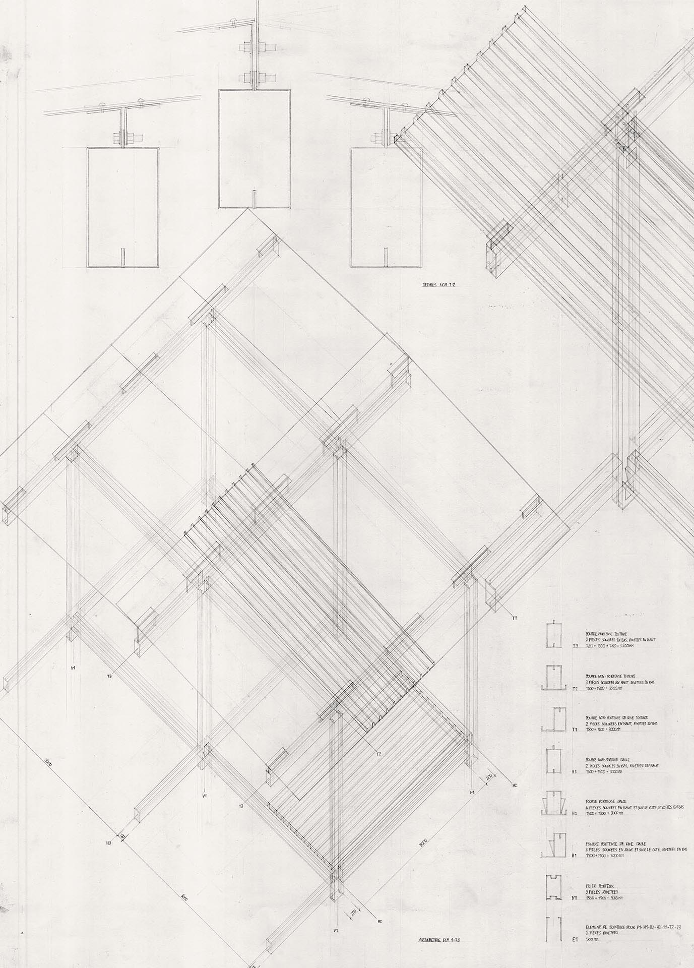 L’aéroclub Roland Garros à Buc est l’un des premiers projets de Jean Prouvé. Ici, il se confronte à un bâtiment complet et pousse l’économie de matière à l’extrême, allégeant les éléments de structure et l’enveloppe pour faciliter leur manipulation sur le chantier.