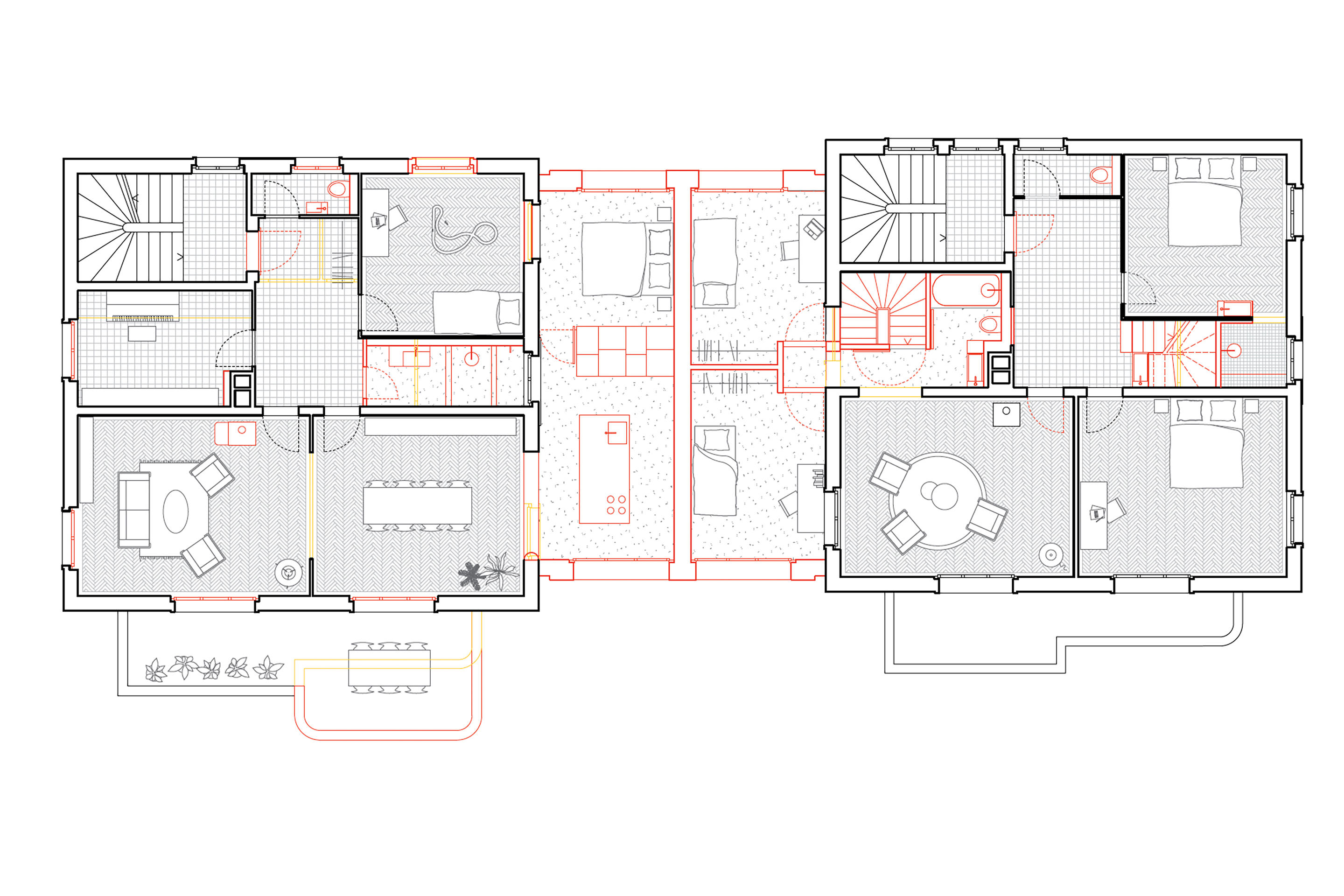 Grundriss OG. In Haus Nr. 3 können die Kinder durch die Tür, die zur kleinen Treppe führt, mit Mamas Wohnung verbunden werden und durch die Tür, die zur Halle führt, mit Papas Wohnung.