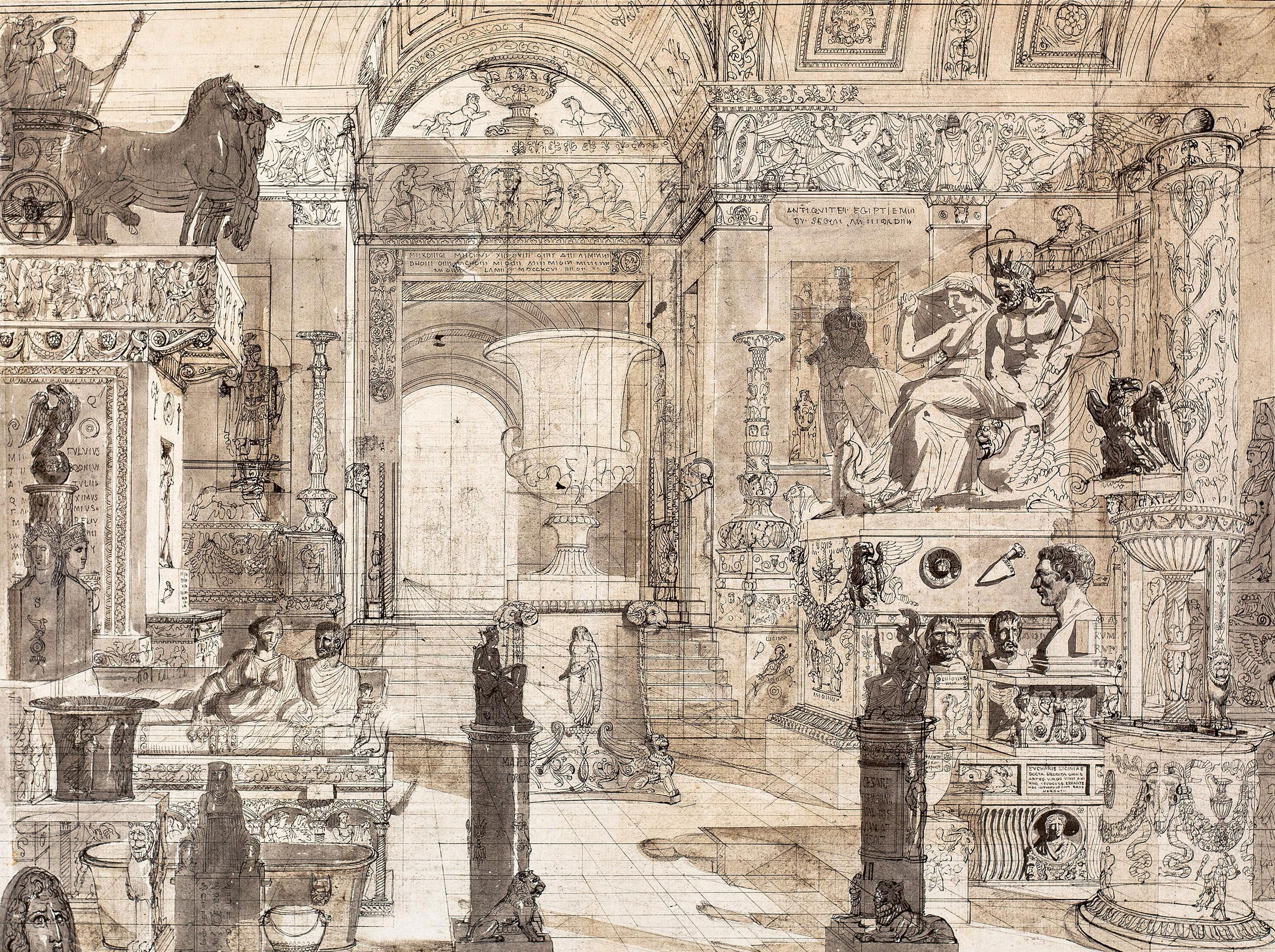 Charles Percier, dessin préparatoire pour un Musée Idéal, 1796. Plume, encre, lavis et bodycolour au verso, 457 × 584 mm.
