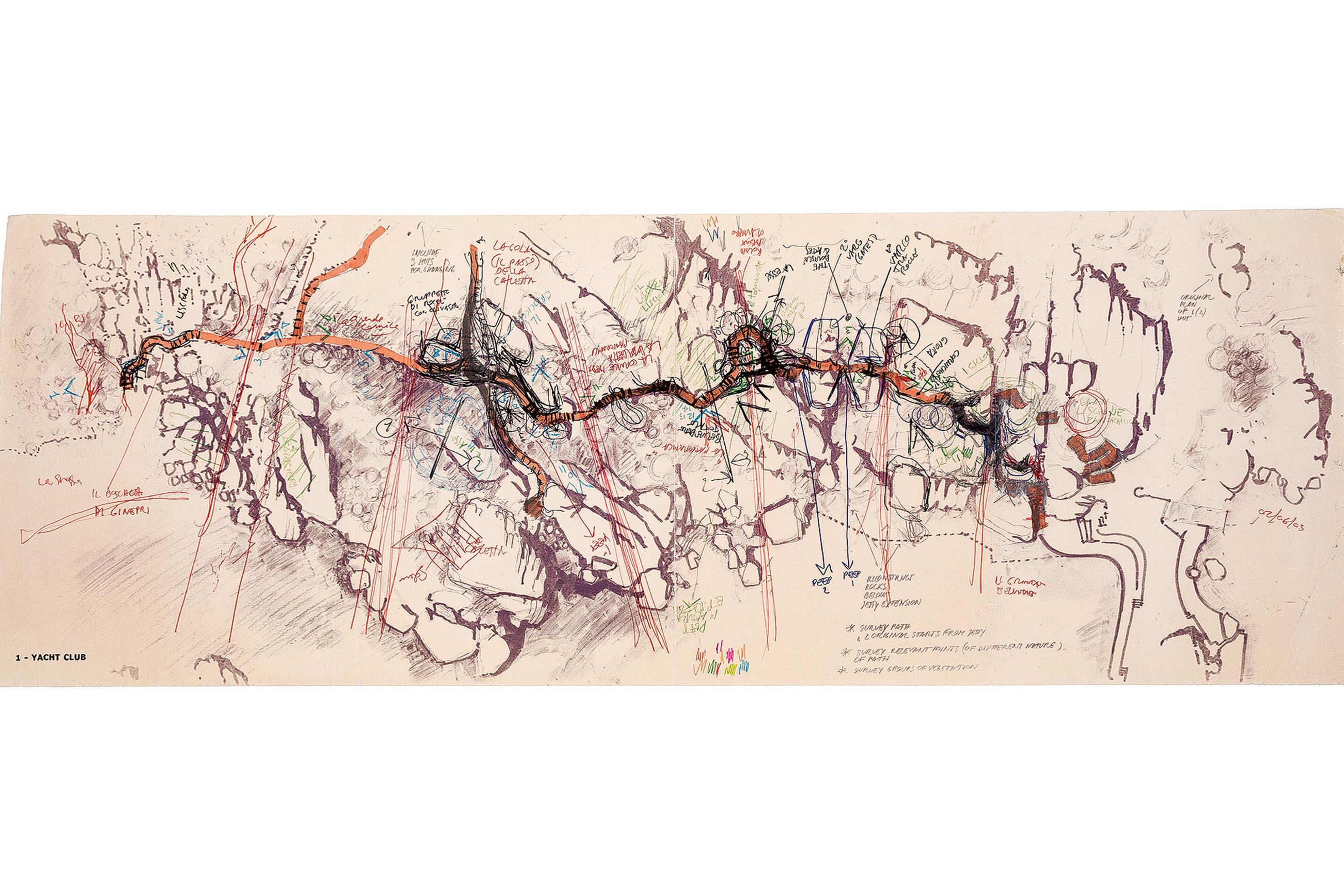 Alberto Ponis, Yacht Club Path, 1965. Encres de couleur sur fond imprimé sur papier jaune, 365 × 1007 mm.
