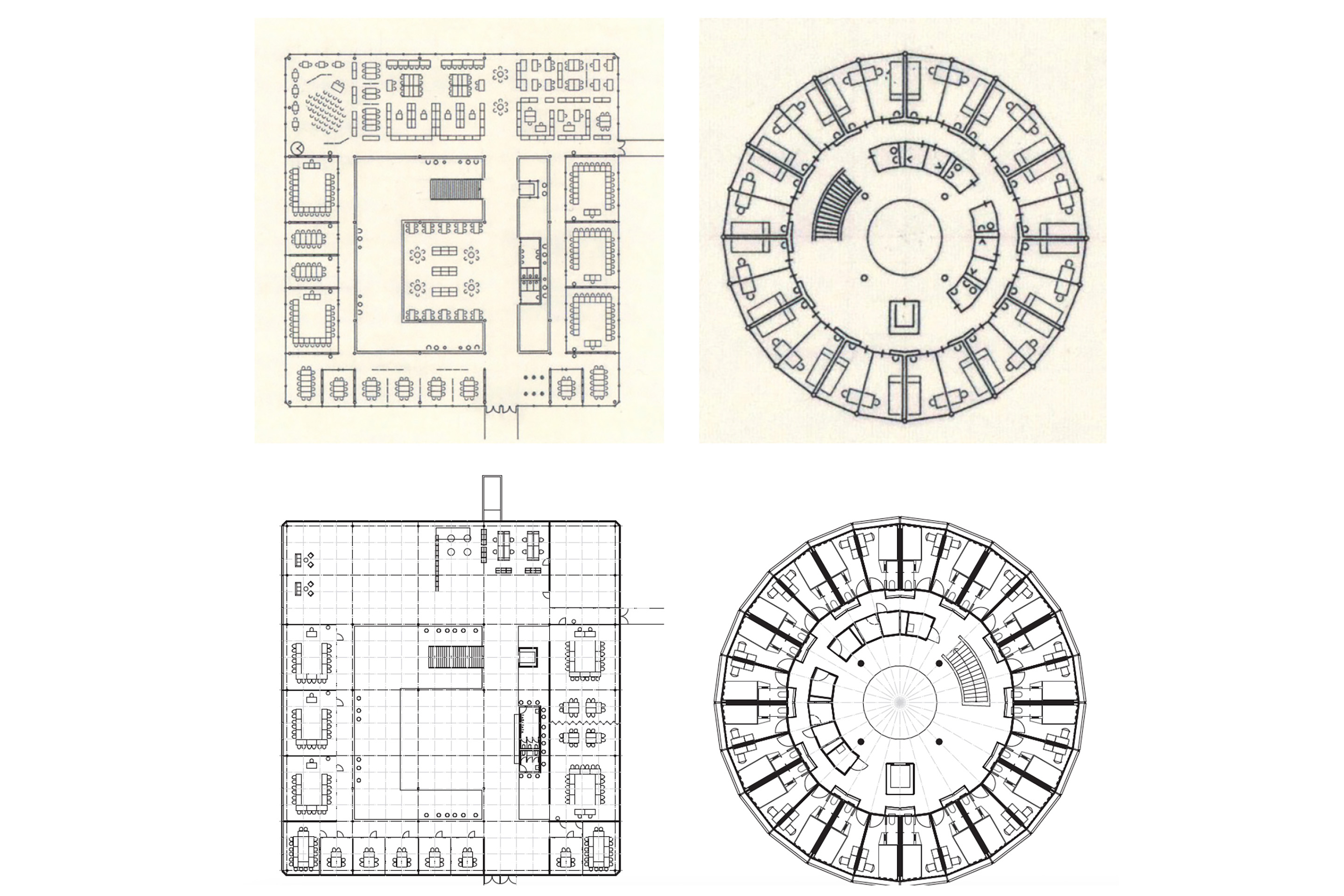 À gauche: plan d'étage du bâtiment d'enseignement; à droite: plan type de la tour d'habitation. La répartition intérieure actuelle (en bas) correspond, à quelques exceptions près, au projet initial (en haut).