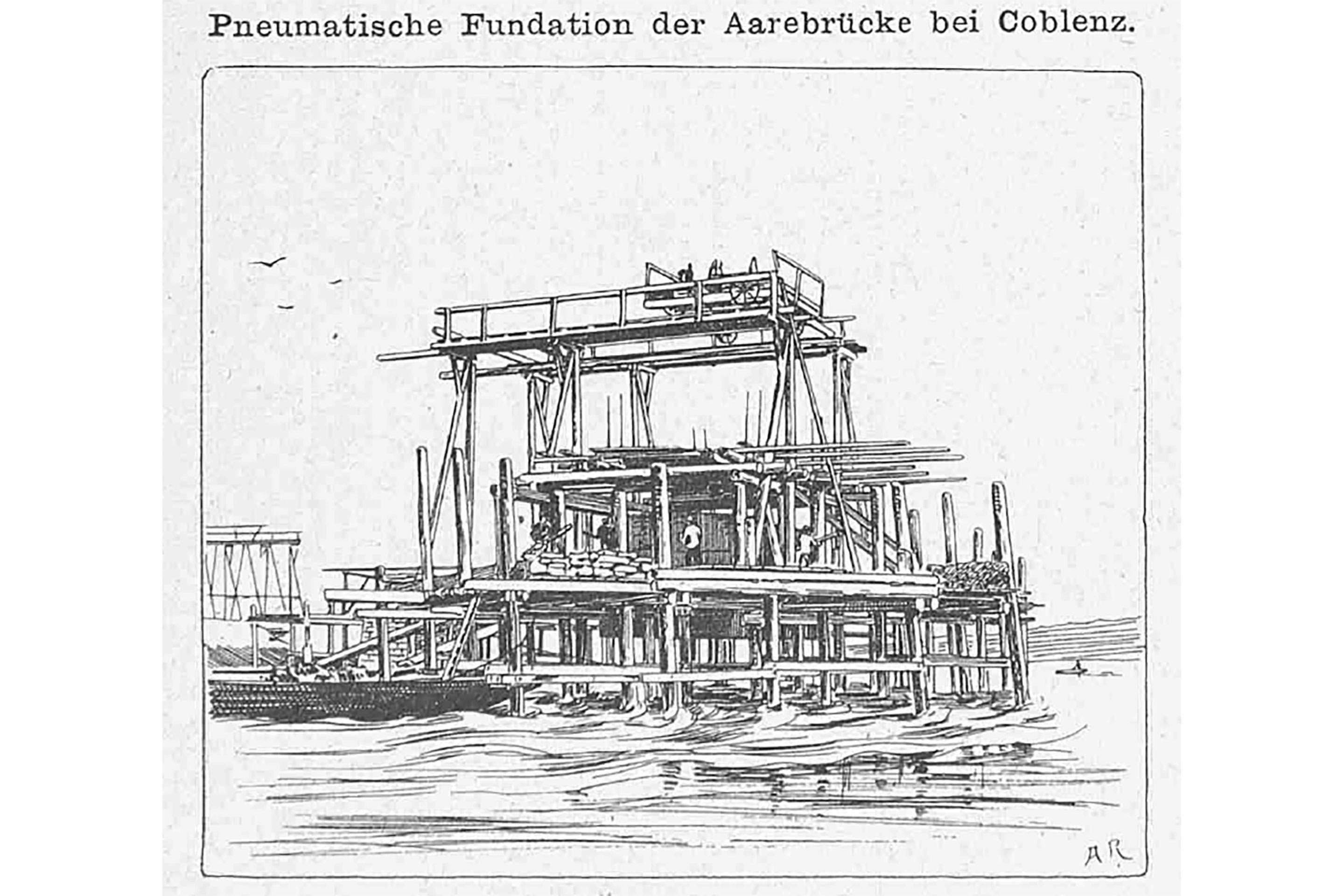 Die 10 m hohen Flusspfeiler wurden mithilfe von stählernen, bis zu 12 m tief ins Flussbett abgeteuften Senkkästen (Caisson) gegründet, die als Fundamente ausbetoniert wurden. «Je nach der Bodenbeschaffenheit wirkt der Bagger ohne weitere Nachhülfe der Arbeiter, so z.B. bei sandigem oder fein kiesigem Untergrund. Bei der Fundation der Aarebrücke kam dieses Material nicht vor, sondern nur grobes Geschiebe, welches mittels Pickel gelöst und dann durch die Schaufel von Hand in die Kübel des Paternosterwerks ver