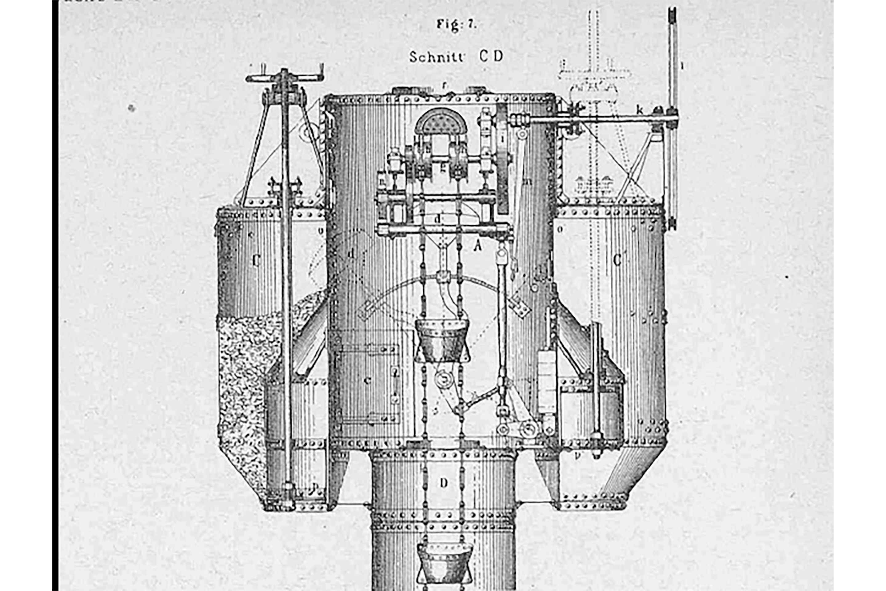 Der Caisson bestand aus zwei Röhren, die mit der Luftkammer verbunden waren. Eine Röhre diente dem Ein- und Aussteigen, die andere beherbergte das Paternosterwerk. «Kübelentleerungsraum und Einsteigraum sind durch kleine Schiebethürchen in den Seiten und Mittelwänden für sich luftdicht abschliessbar, ebenso die Einstiegskammer durch ein Thürchen gegen Aussen.»