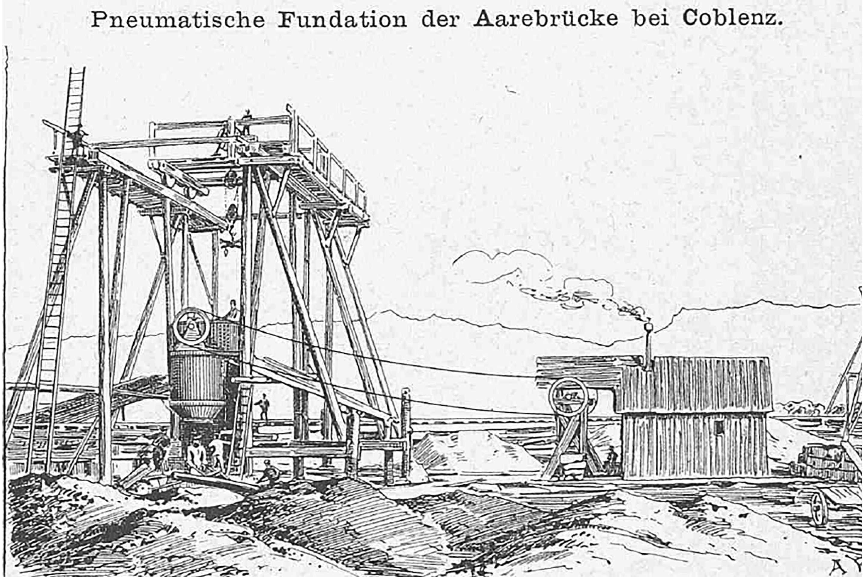 Das Paternosterwerk wurde mithilfe einer Transmissionswelle durch ein jeweils neben dem Caisson aufgestelltes «Locomobil» in Bewegung gesetzt.