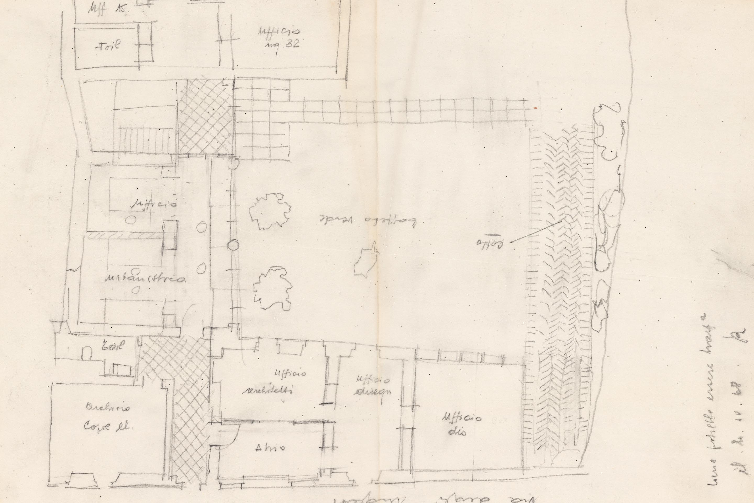 Prime versioni di studio della sistemazione dell'ufficio di architettura e dell'appartamento dell'architetto.