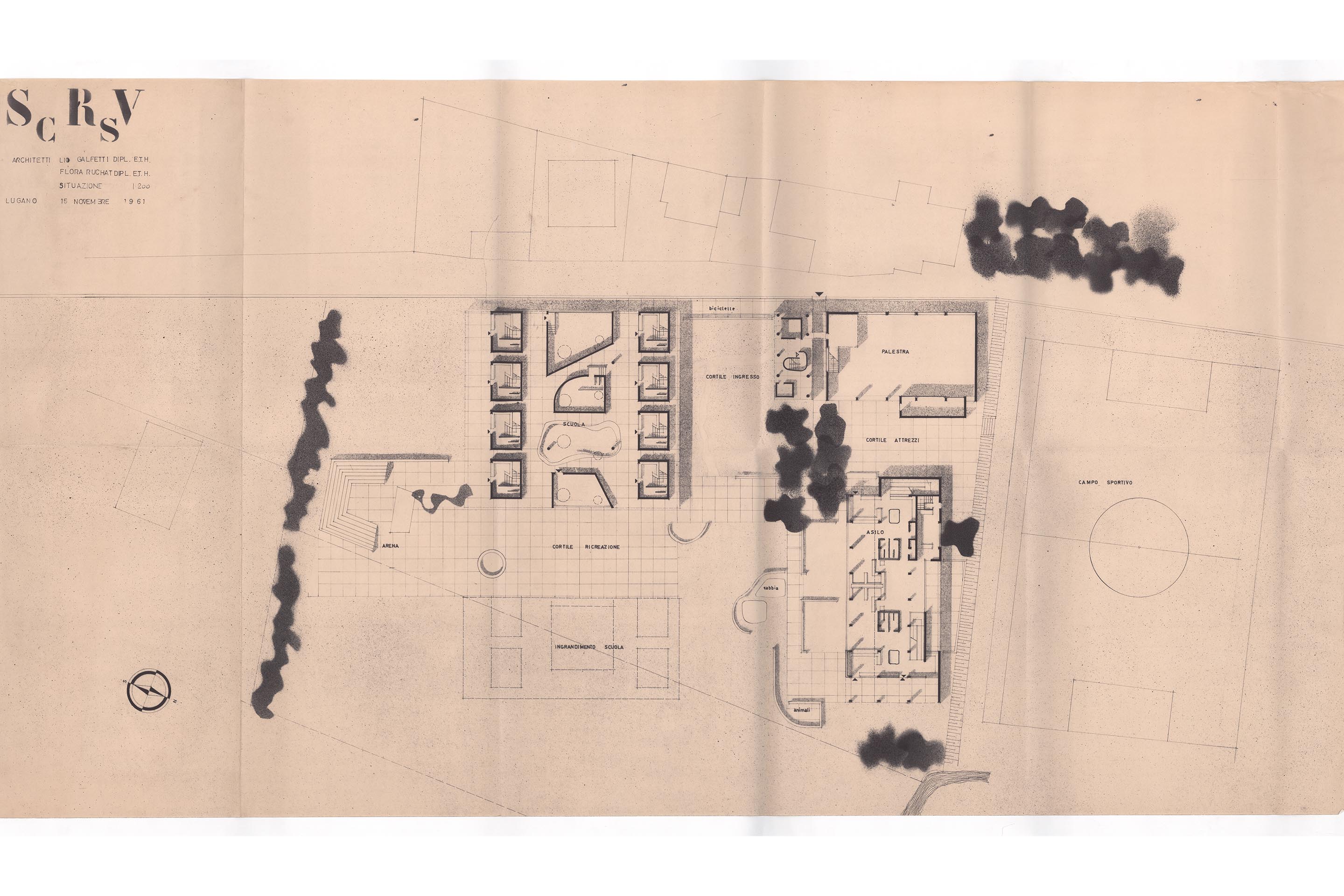 Aurelio Galfetti, Flora Ruchat-Roncati, [Ivo Trümpy], Centro scolastico di Riva San Vitale, progetto del 15 novembre 1961, planimetria.