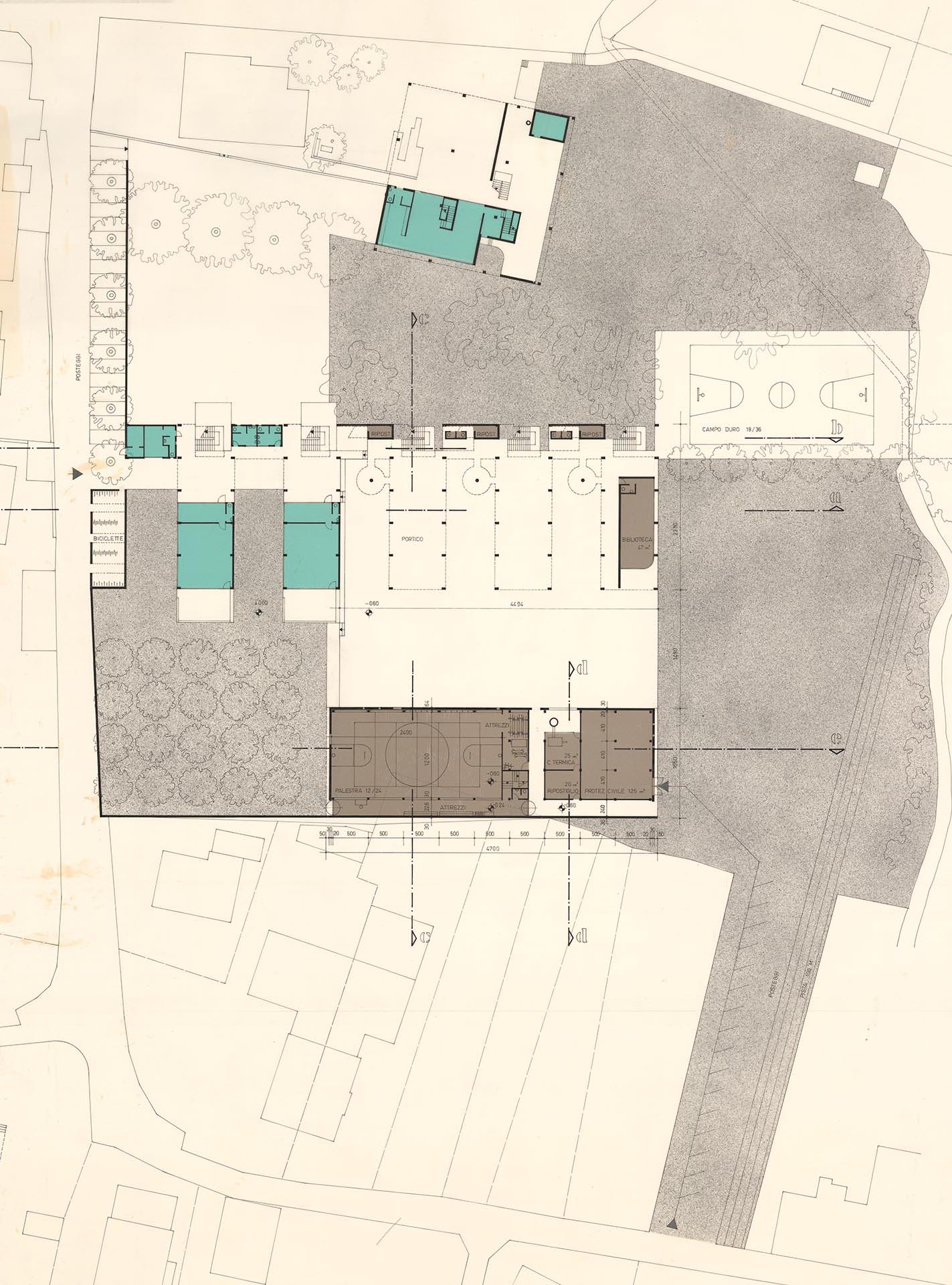 Aurelio Galfetti, Flora Ruchat-Roncati, Ivo Trümpy, Centro scolastico di Riva San Vitale, 1961-1974, planimetria generale del progetto definitivo, 30 luglio 1971, particolare.