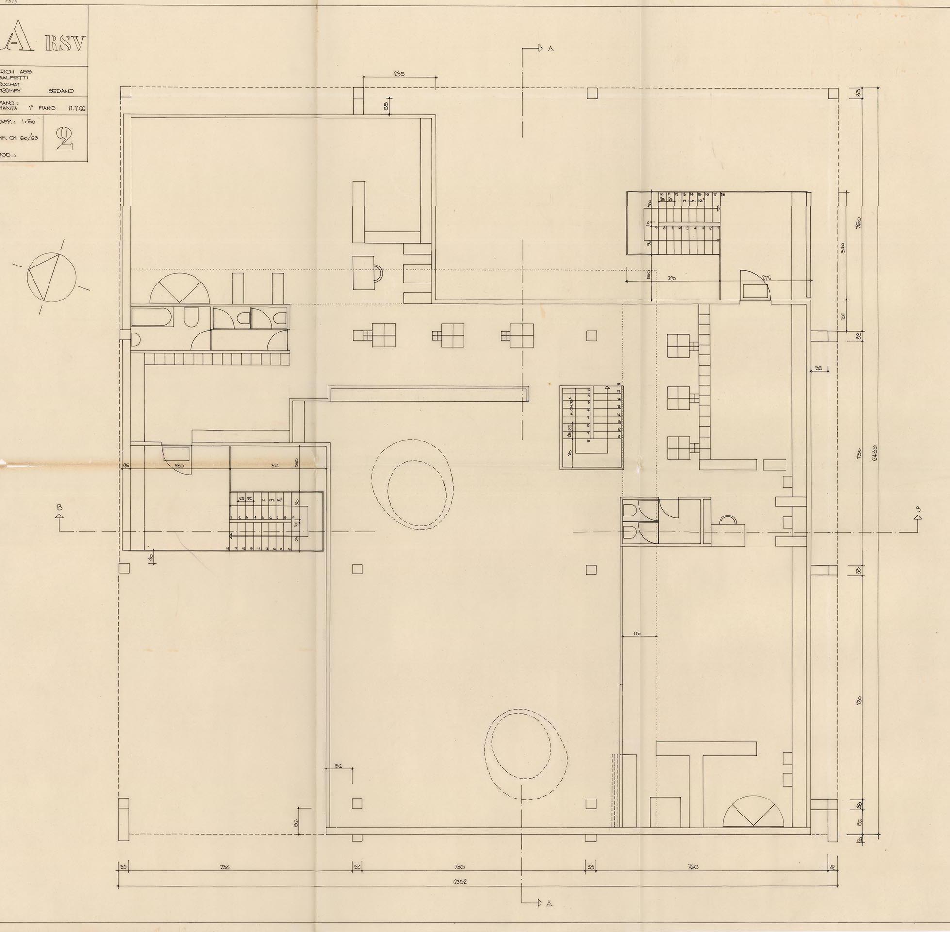 Aurelio Galfetti, Flora Ruchat-Roncati, Ivo Trümpy, Casa dei bambini di Riva San Vitale, variante intermedia con due scale di accesso alle sezioni, pianta del primo piano, 11 luglio 1966.