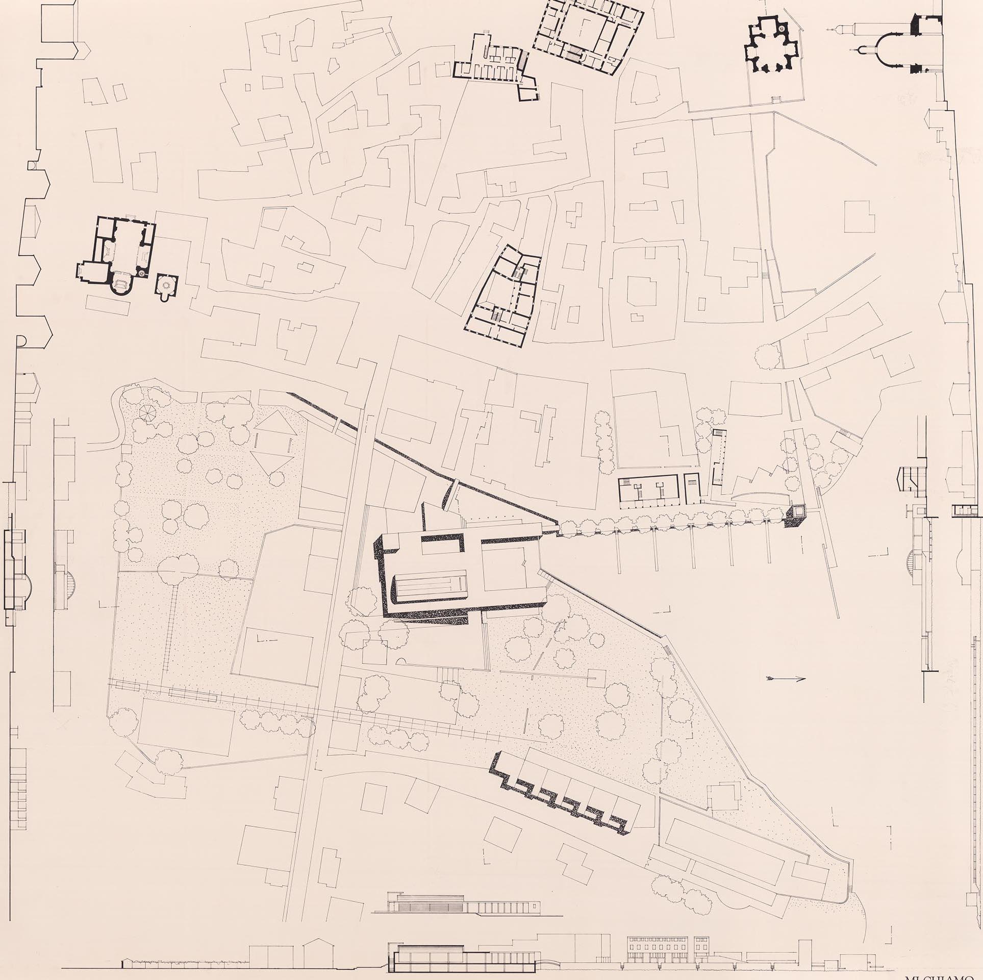 Concorso per la sistemazione di Piazza Lago, con Sandra Giraudi, 1986-1987. Planimetria generale e profili.
