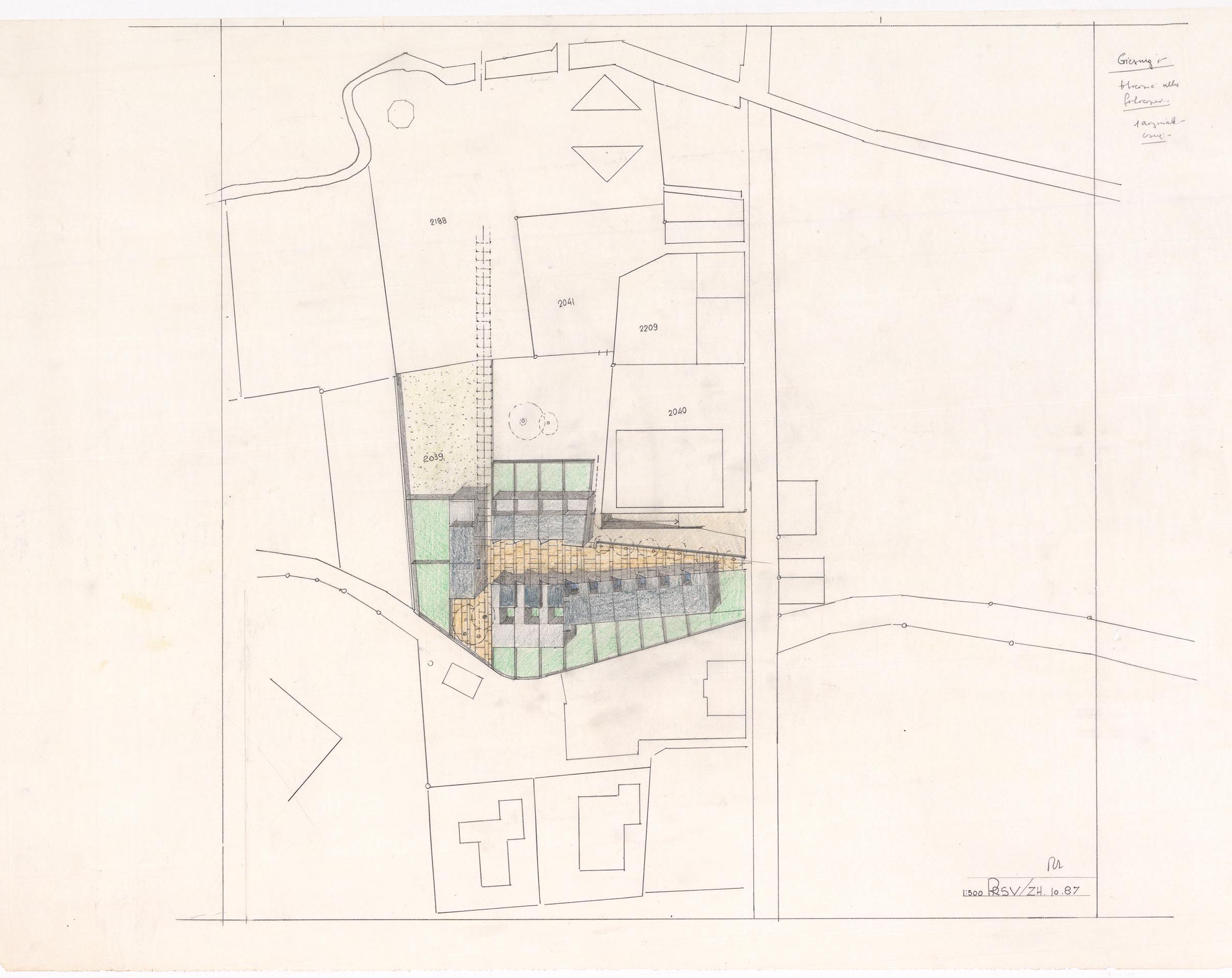 Progetto residenziale per il Fondo Ferrario-Tarchini, [1986-1987]. Planivolumetrico e piante a vari livelli.