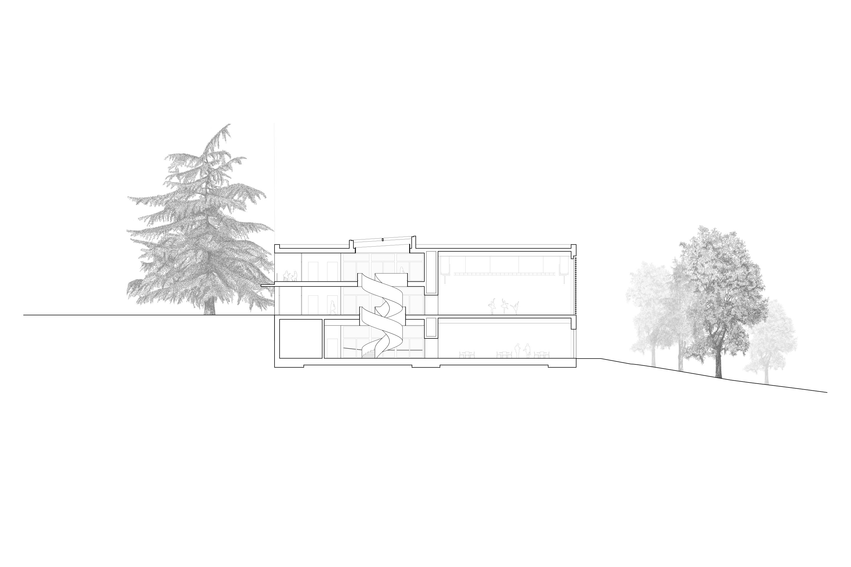 Coupe au travers de l’escalier hélicoïdal.