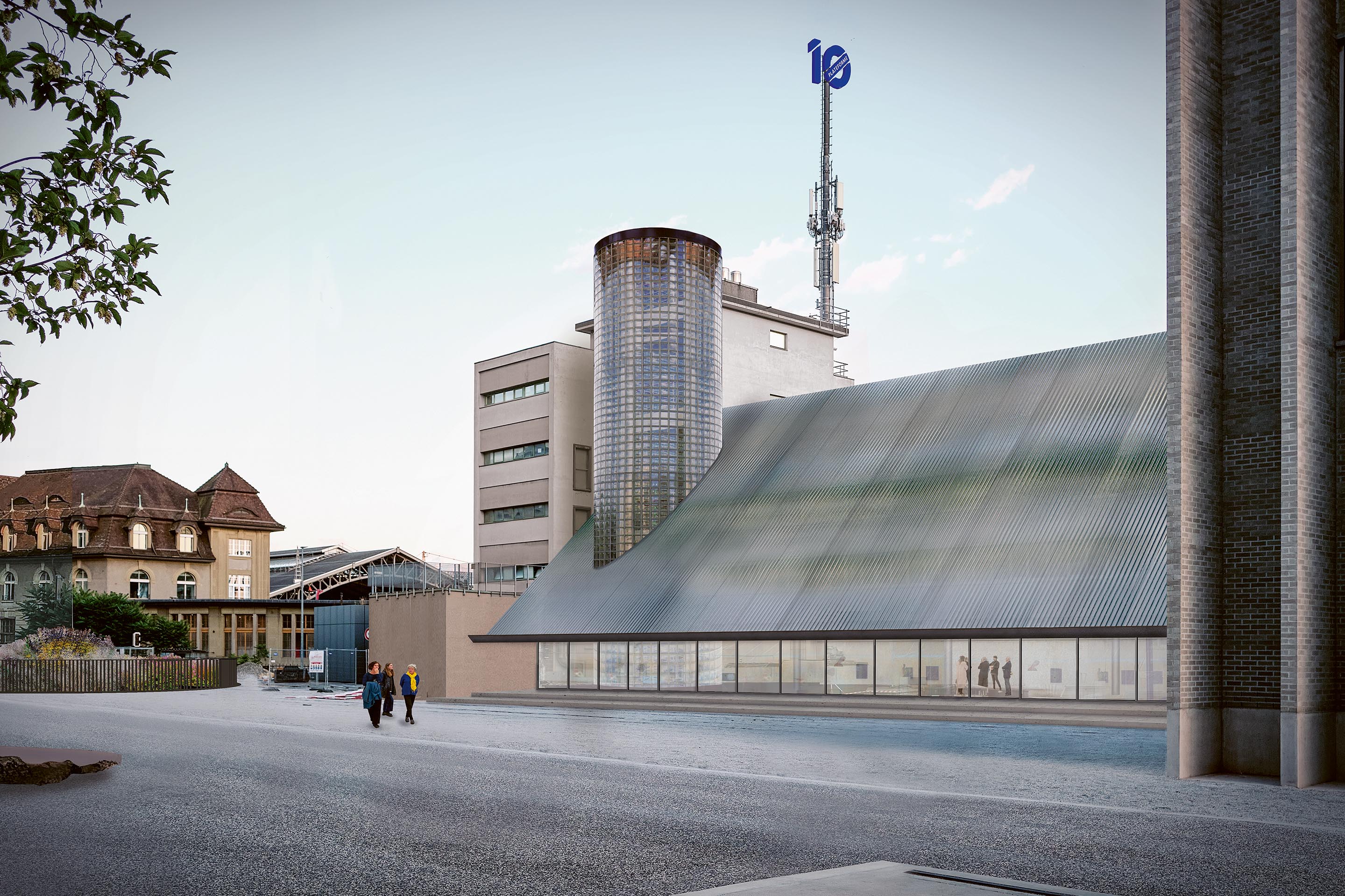 Le projet Kenny (1er prix) retourne l’entrée du poste directeur au nord, et ce faisant il active la vaste esplanade de Plateforme 10.