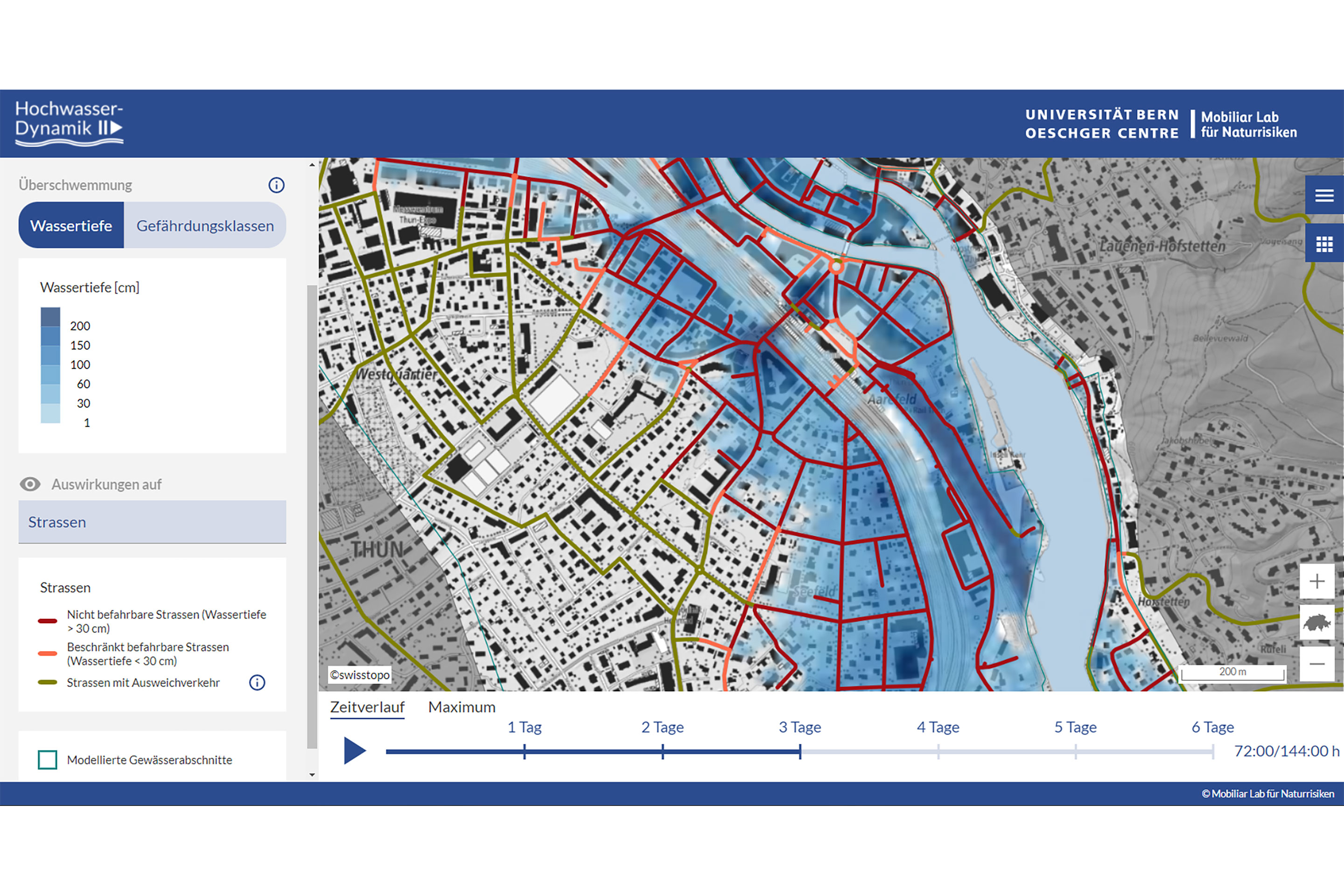Screenshot des Hochwassertools mit Worst-Case-Szenario in Thun, bezogen auf die geschätzte Wassertiefe und die Auswirkungen auf die Strasse.