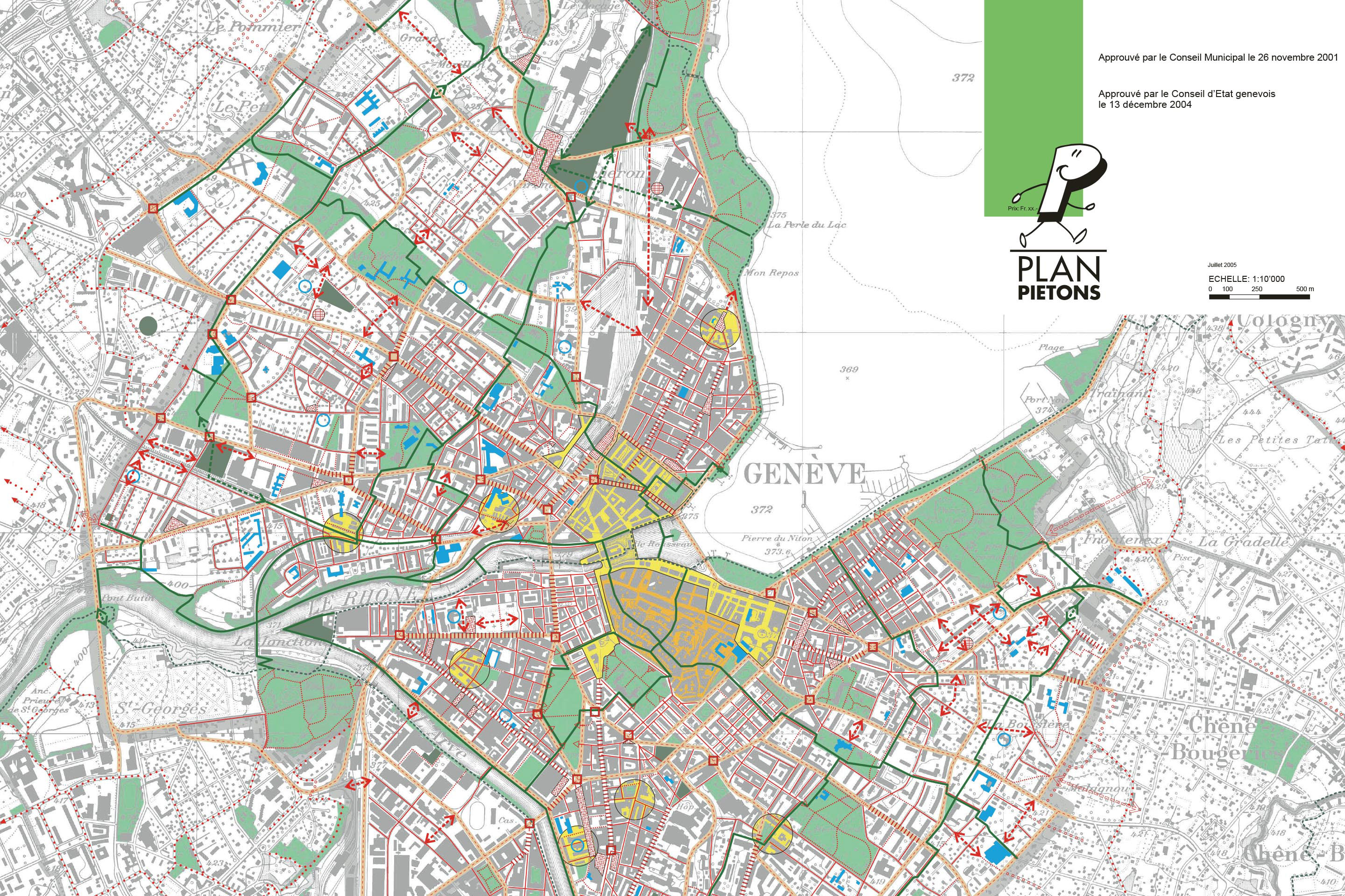 Planifier pour les piétons? Le plan directeur des chemins pour piétons de la Ville de Genève, 2004, un outil de planification décliné en cinq volets: encourager la promenade, valoriser des lieux, des places par quartier, faciliter les mouvements piétons, éliminer les obstacles aux piétons, modérer le trafic à l’échelle des quartiers.