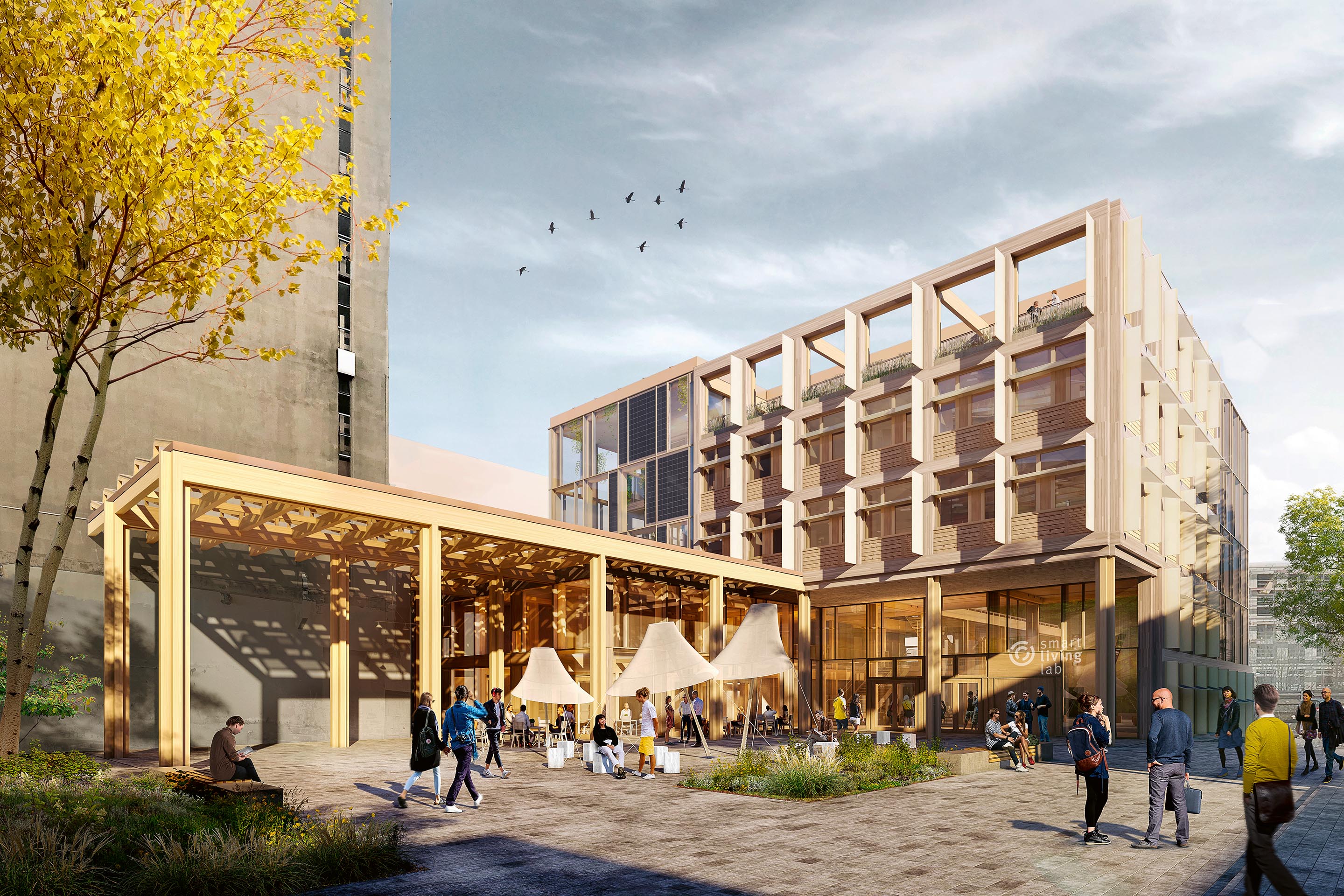 Visualisierung des Smart Living Lab Building, das in einem Studienauftrags­- verfahren von Behnisch Architekten, Drees &amp; Sommer Schweiz und ZPF Ingenieuren entwickelt wurde.