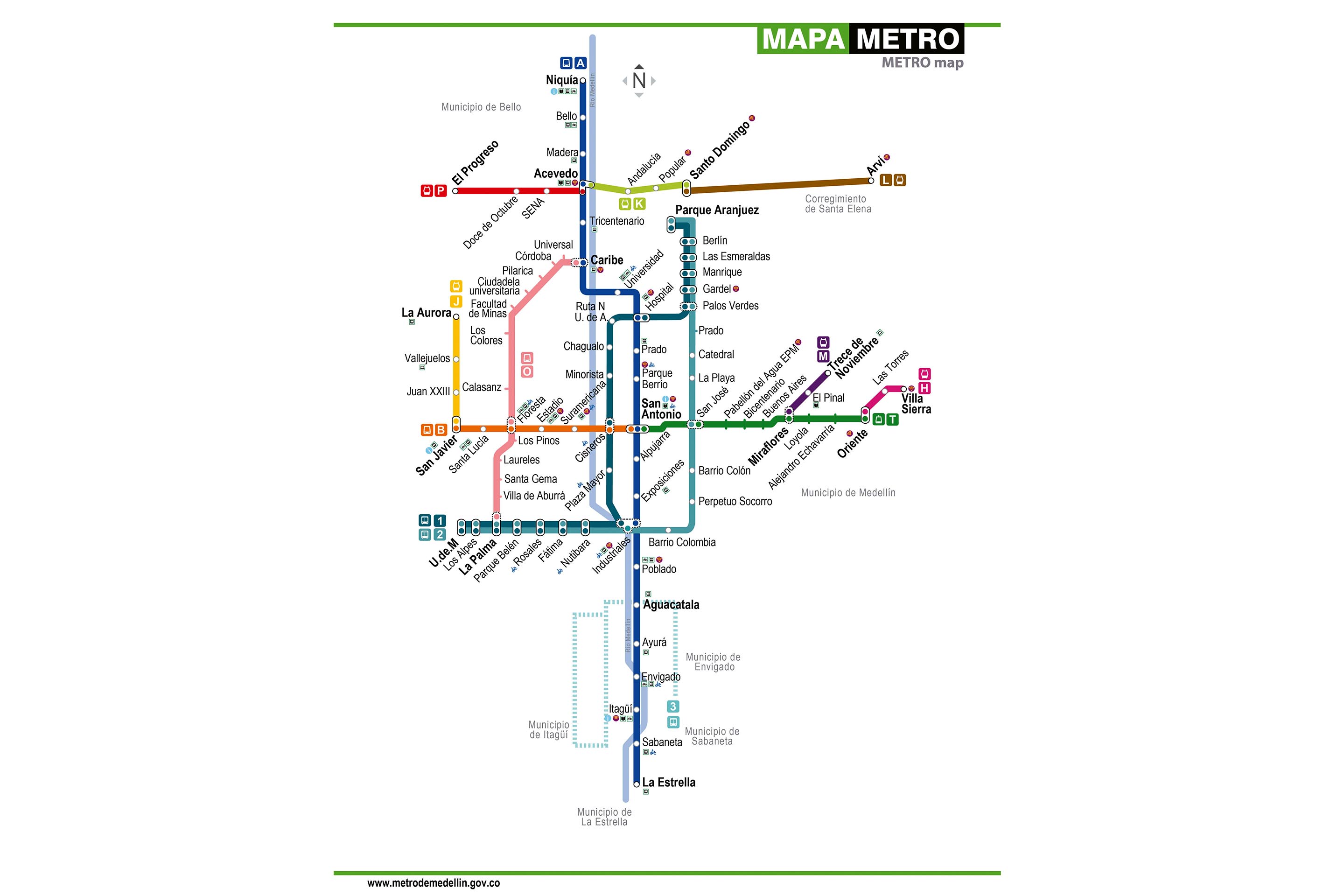 Plan du réseau de métro, télécabine, bus et tramway.