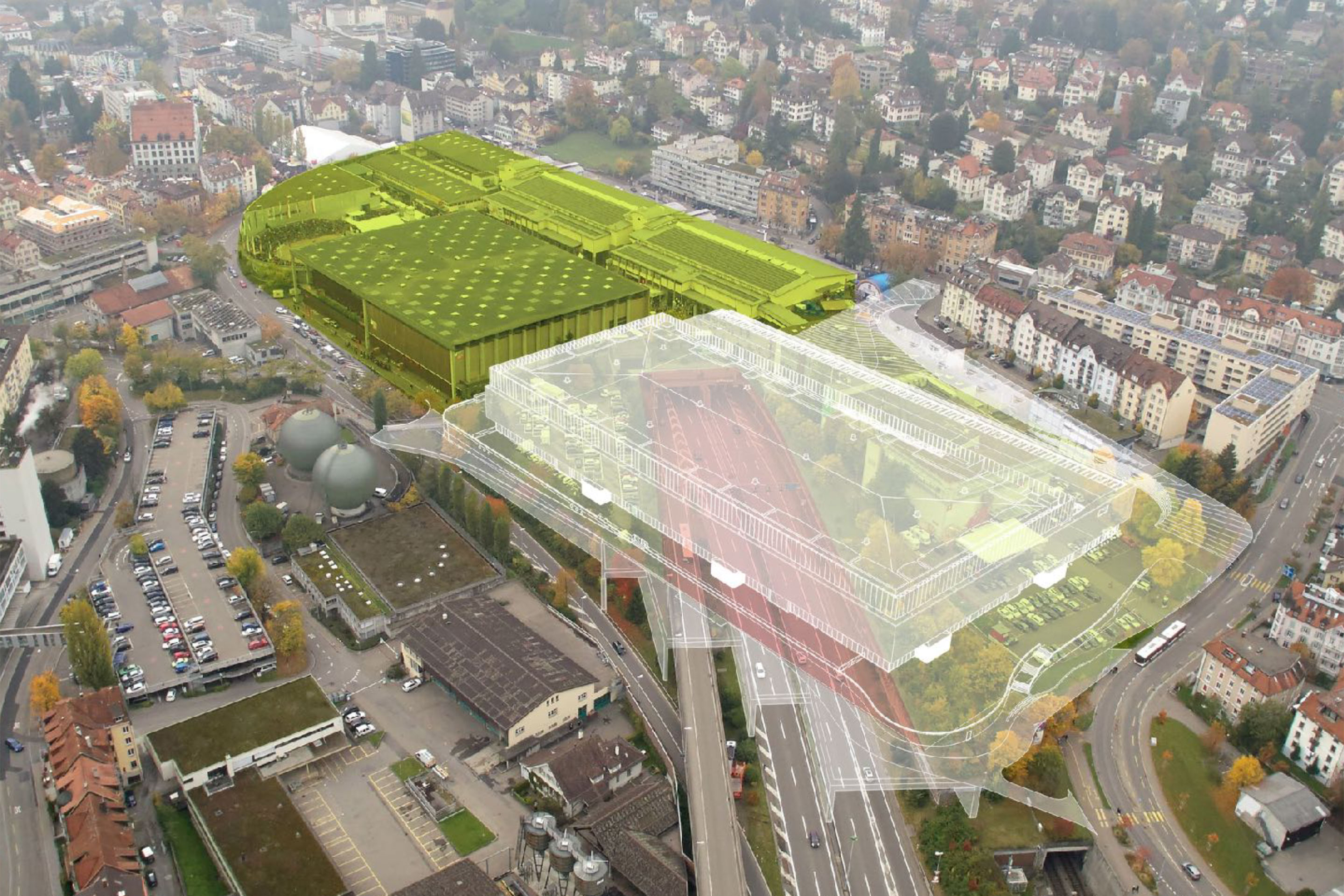 Die neue Halle schliesst an den Bestand (grün) an und überdeckt Autobahn (rot) und Bahnlinie.