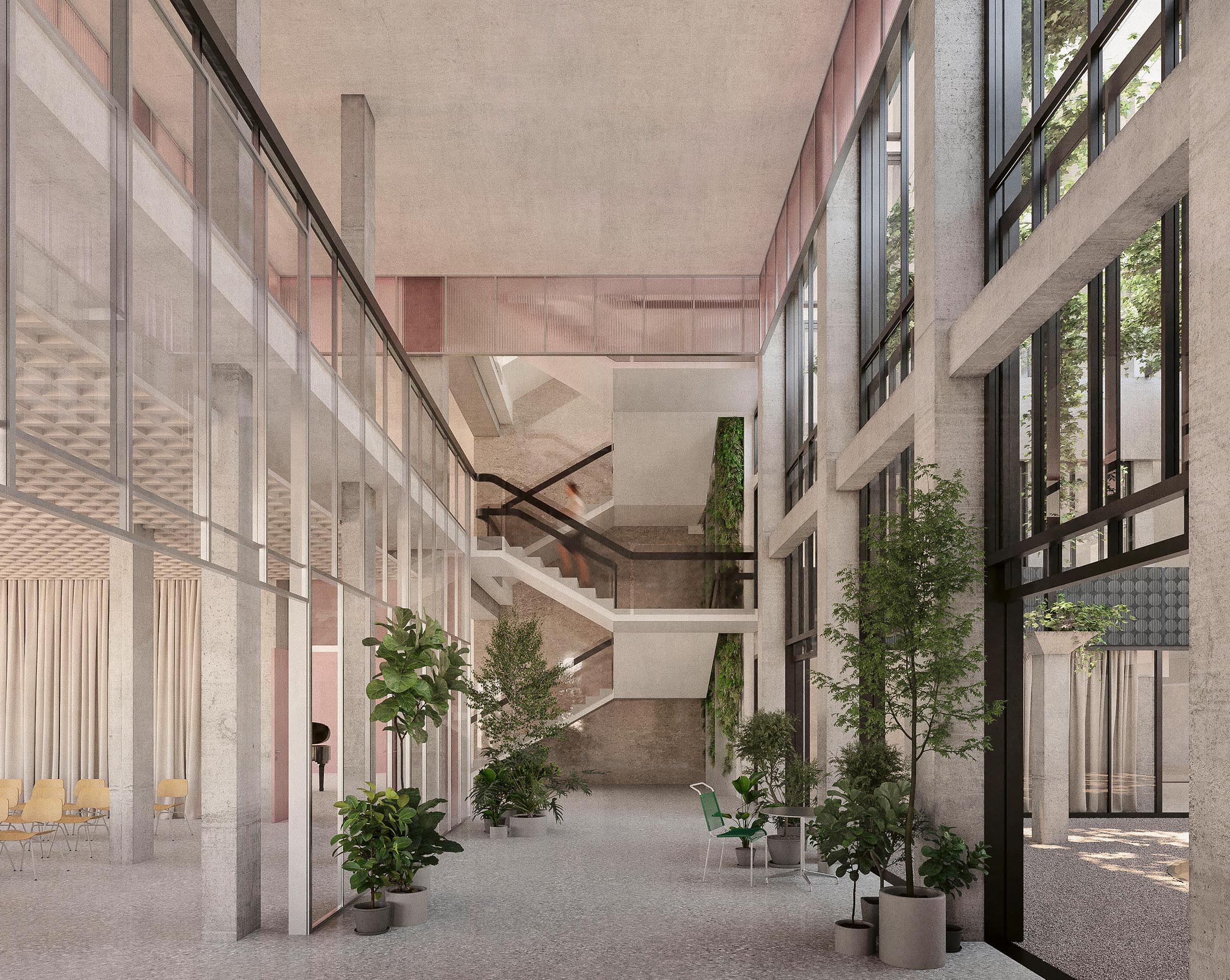 Wellington (1er prix) propose de conserver la structure porteuse existante et de réaliser un patio au rez-de-chaussée de l’ambassade, pour illuminer naturellement les espaces de réception.