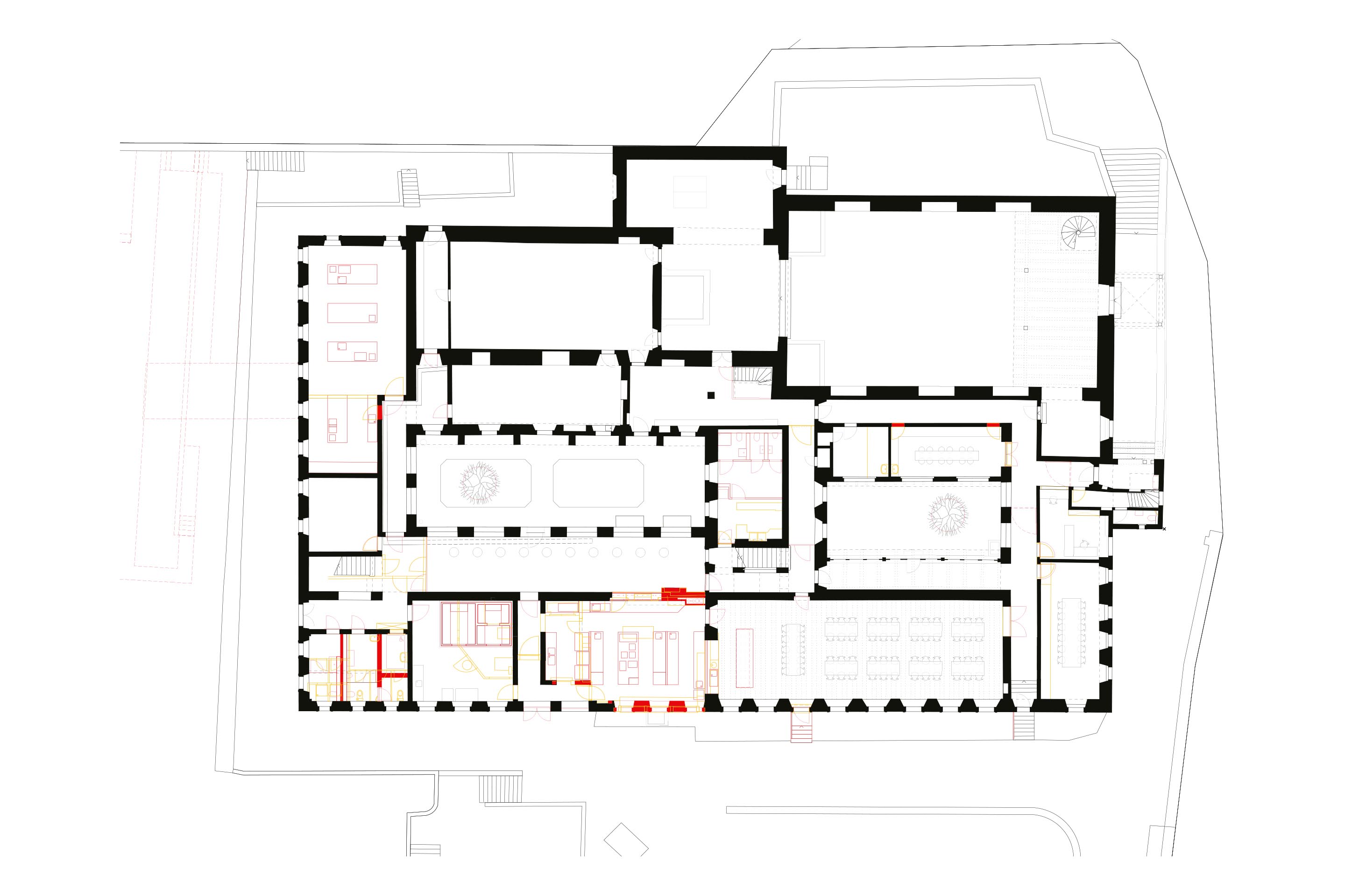 Das Restaurant lagert sich an eine Ecke (rechts unten). Die Schulküche links daneben spricht von der neuen Bestimmung des Bauwerks; die Barockkirche (oben) von der einstigen.